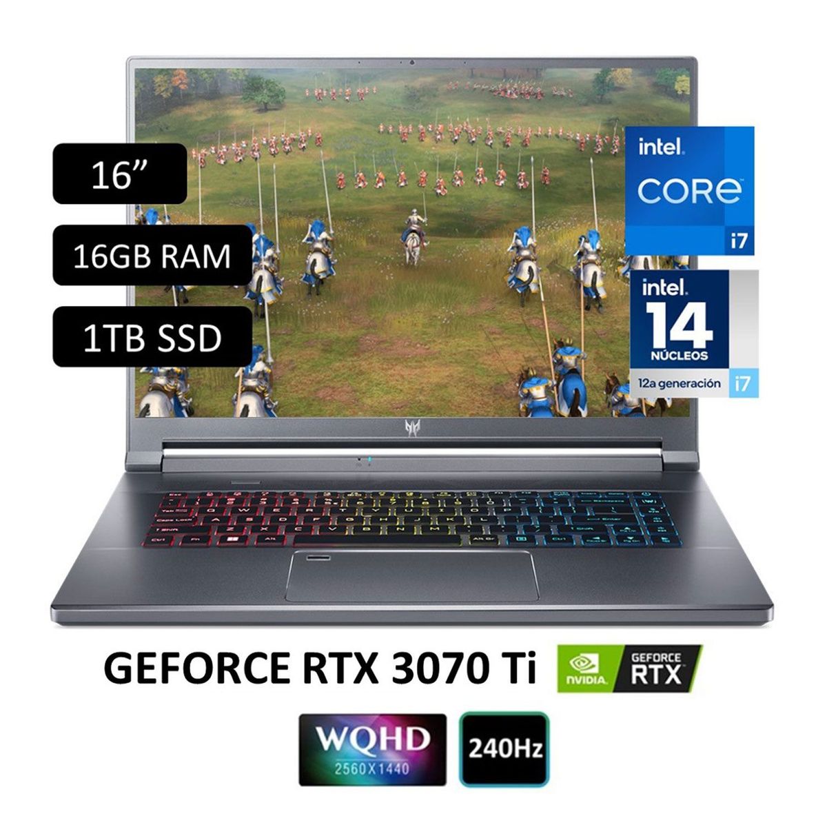 ACER - Laptop Gamer ACER Predator Triton Intel Core i7 12° Gen 14 núcleos - 16GB RAM 1TB SSD 16" RTX 3070TI 8GB
