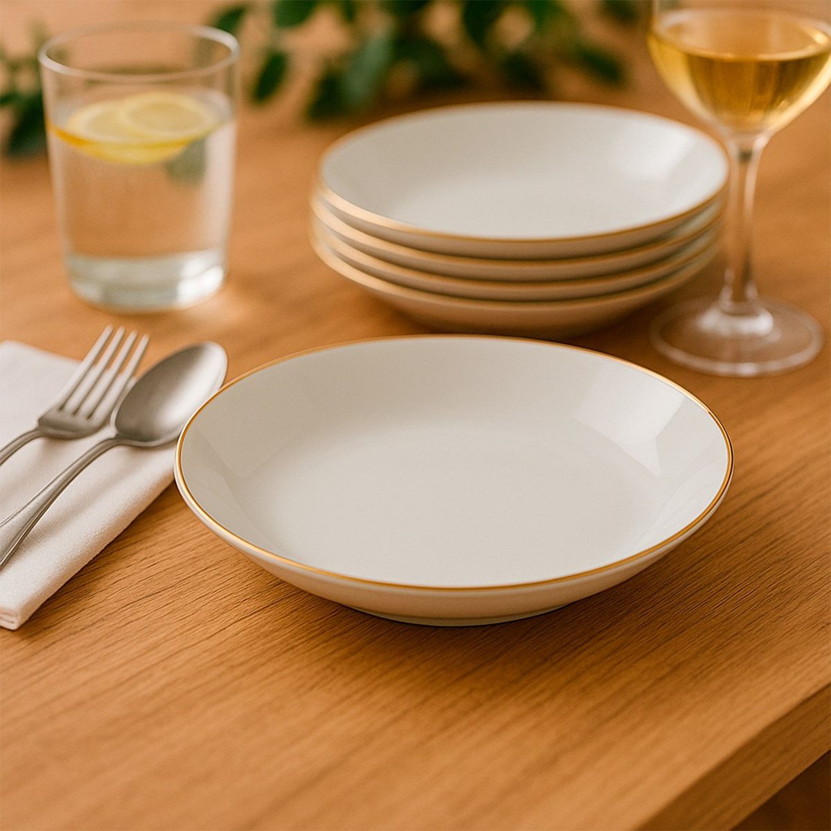 FLORENCIA - Plato de Sopa Porcelana 21.6 cm Borde Dorado