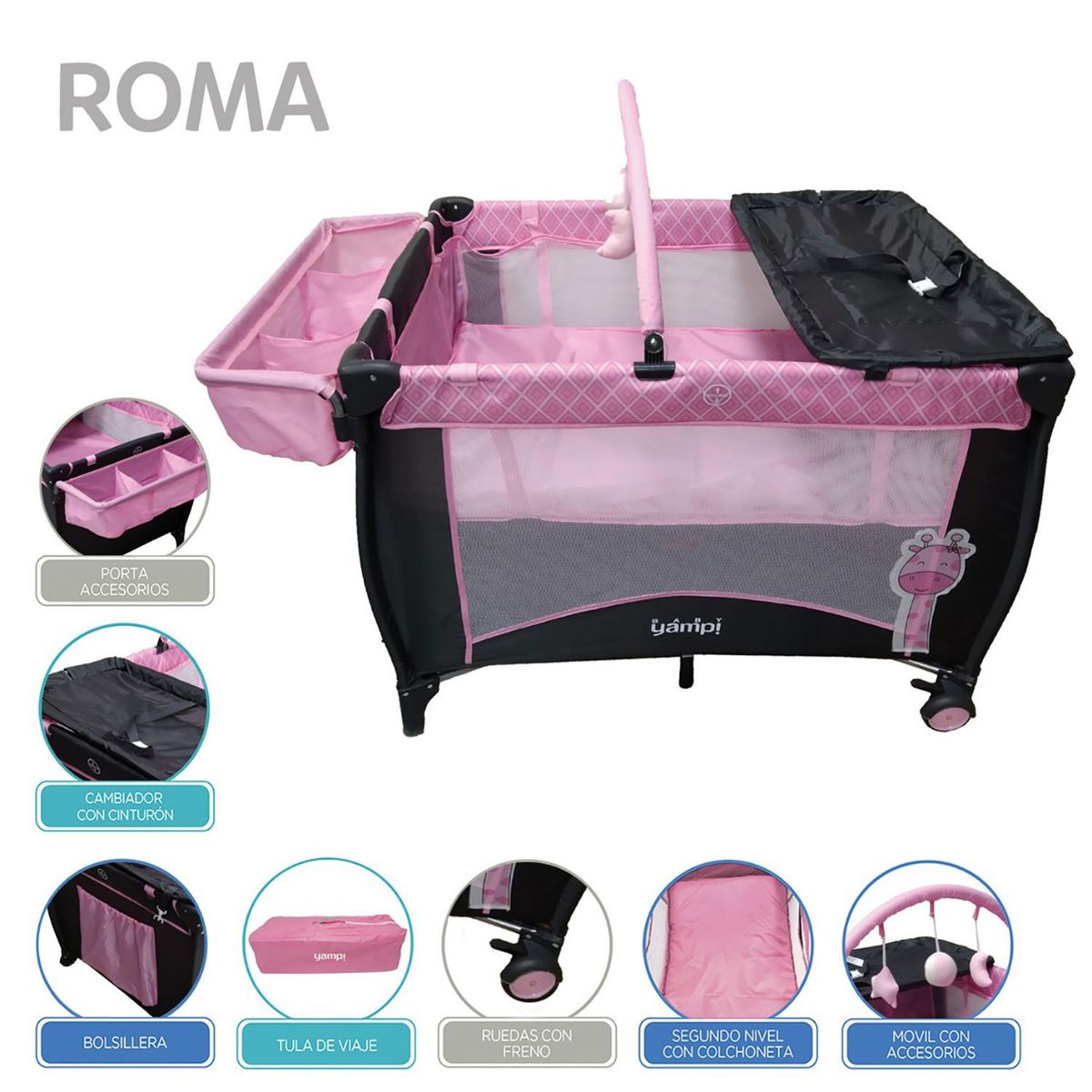 YAMP - Cuna Corral Bebé Roma 2 Niveles Con Cambiador Yamp