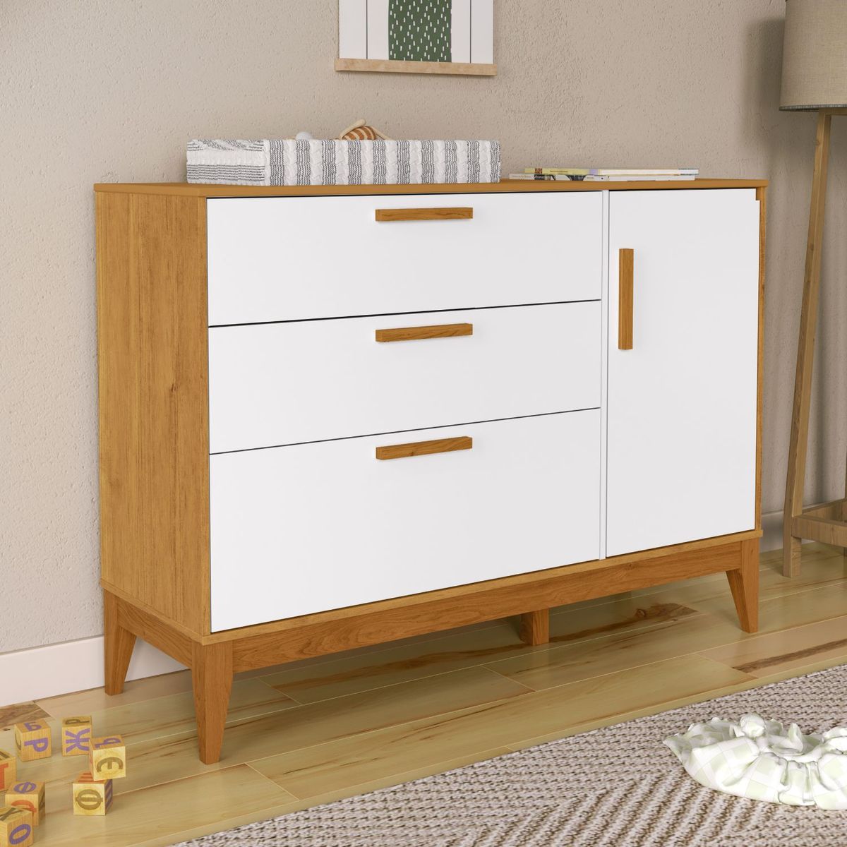 MICA KIDS - Cómoda Nature Blanca/Madera 1 Puerta 3 Cajones