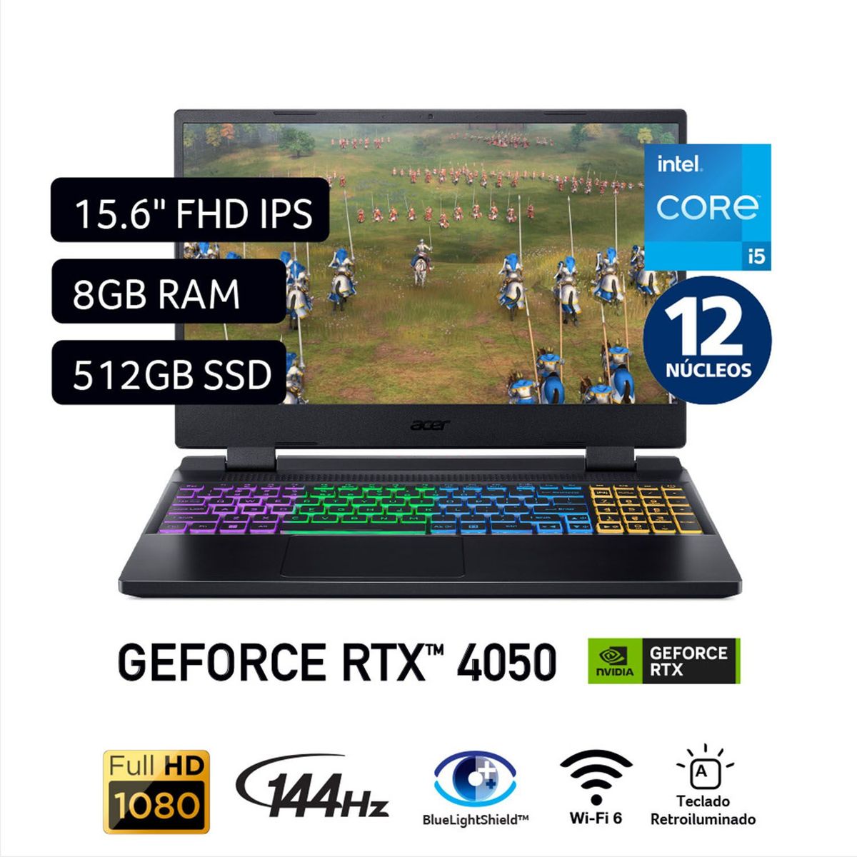 ACER - Gamer Acer Intel Core I5 Rtx 4050 8gb 512gb Ssd Nitro 5 12° Gen 12 Núcleos 15.6"