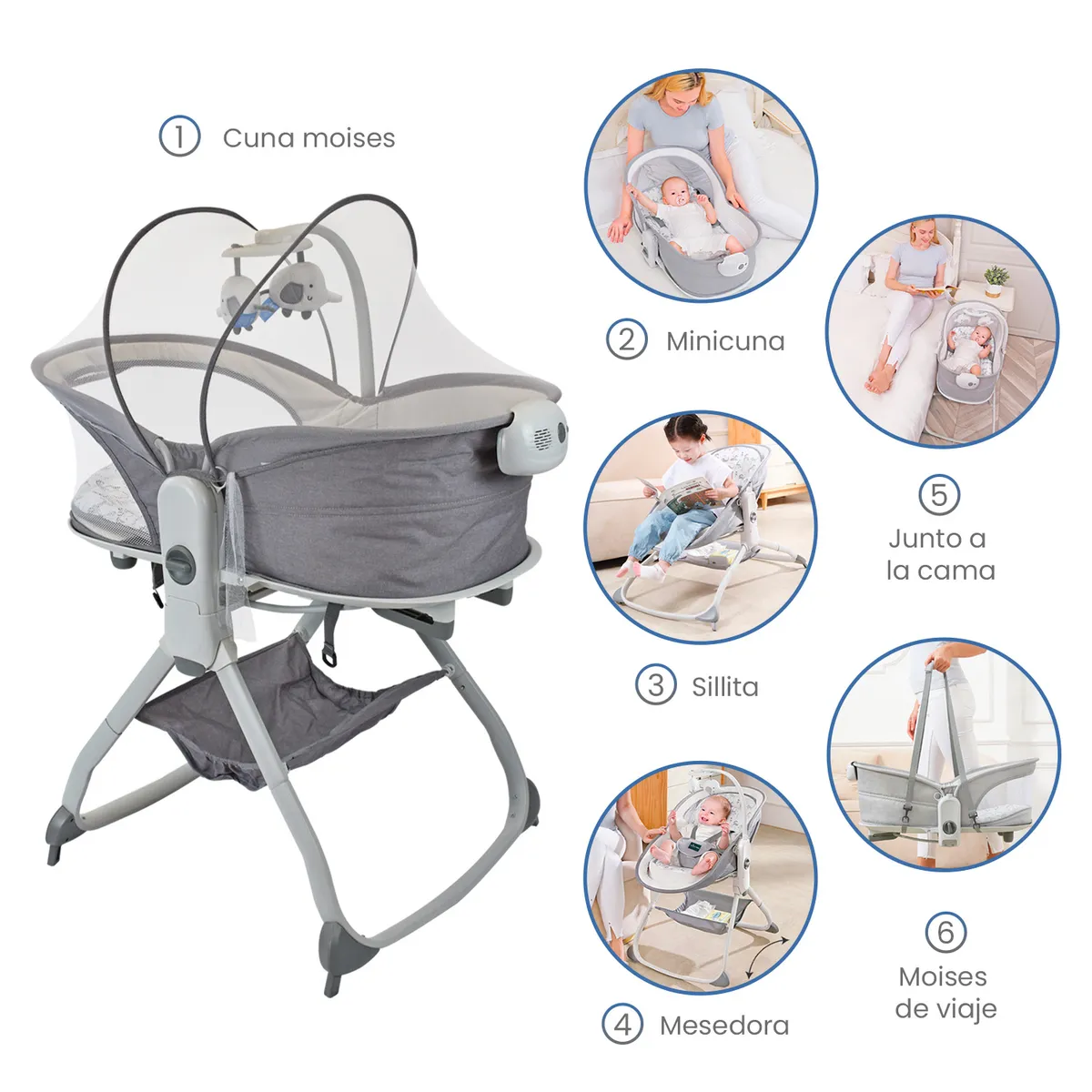 PRIORI - Cuna Moisés Musical Bebé 6 En 1 Mecedora Priori