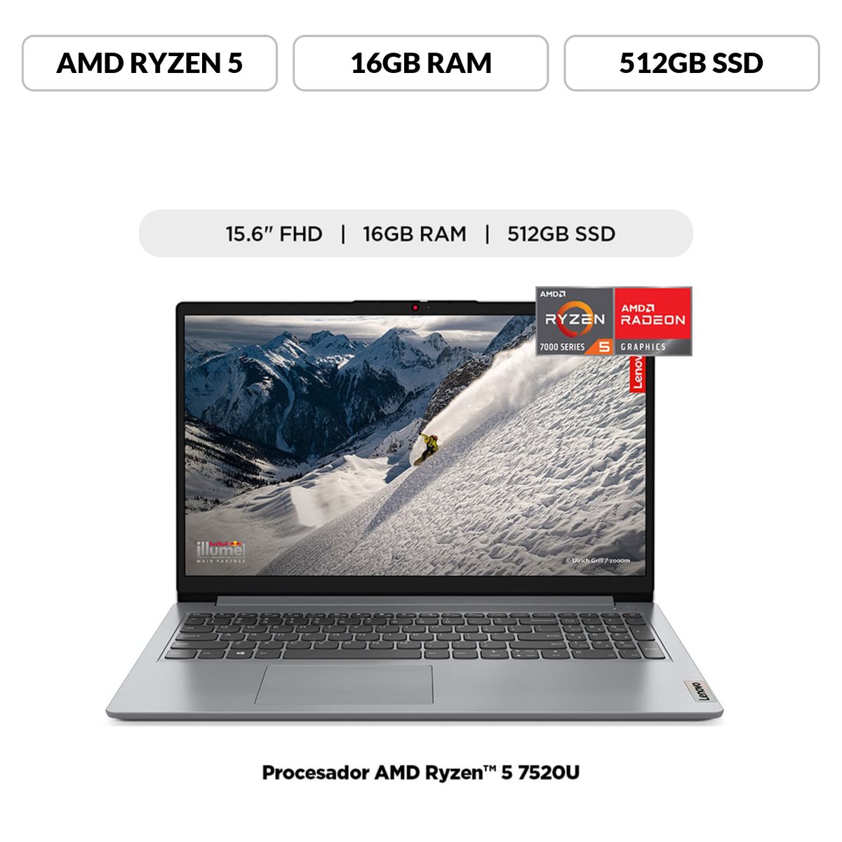 LENOVO - Laptop Lenovo Ideapad 1 AMD Ryzen 5 7520U 16GB RAM 512GB SSD 15.6" HD