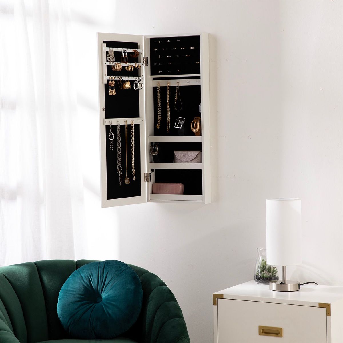 MICA - Espejo Joyero Colgante Blanco 80x31cm