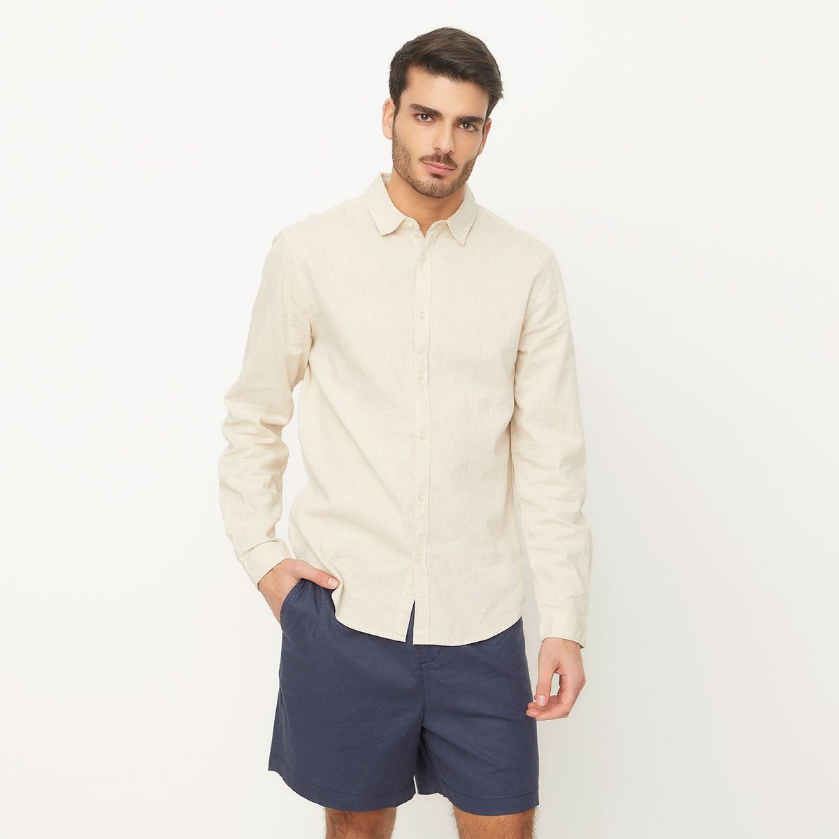 BASEMENT - Camisa Manga Larga Lino Hombre Basement