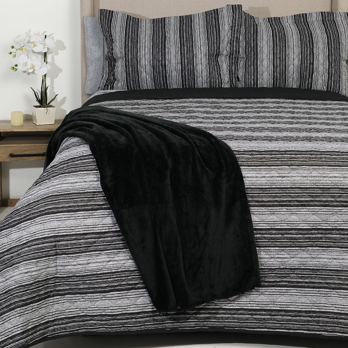 MICA - Juego De Cama: Cubrecama Líneas + Juego De Sábanas + Manta Mica