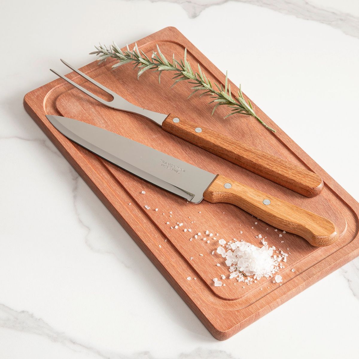 TRAMONTINA - Set X3 Cuchillo + Trinche Y Tabla Churrasco