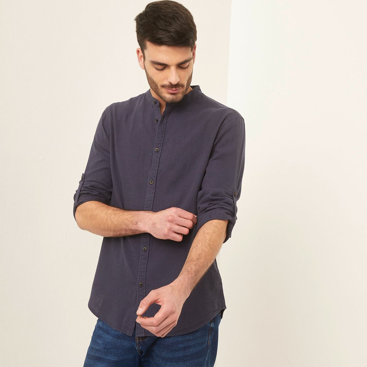 BASEMENT - Camisa Manga Larga Basement Lino Cuello Clásico