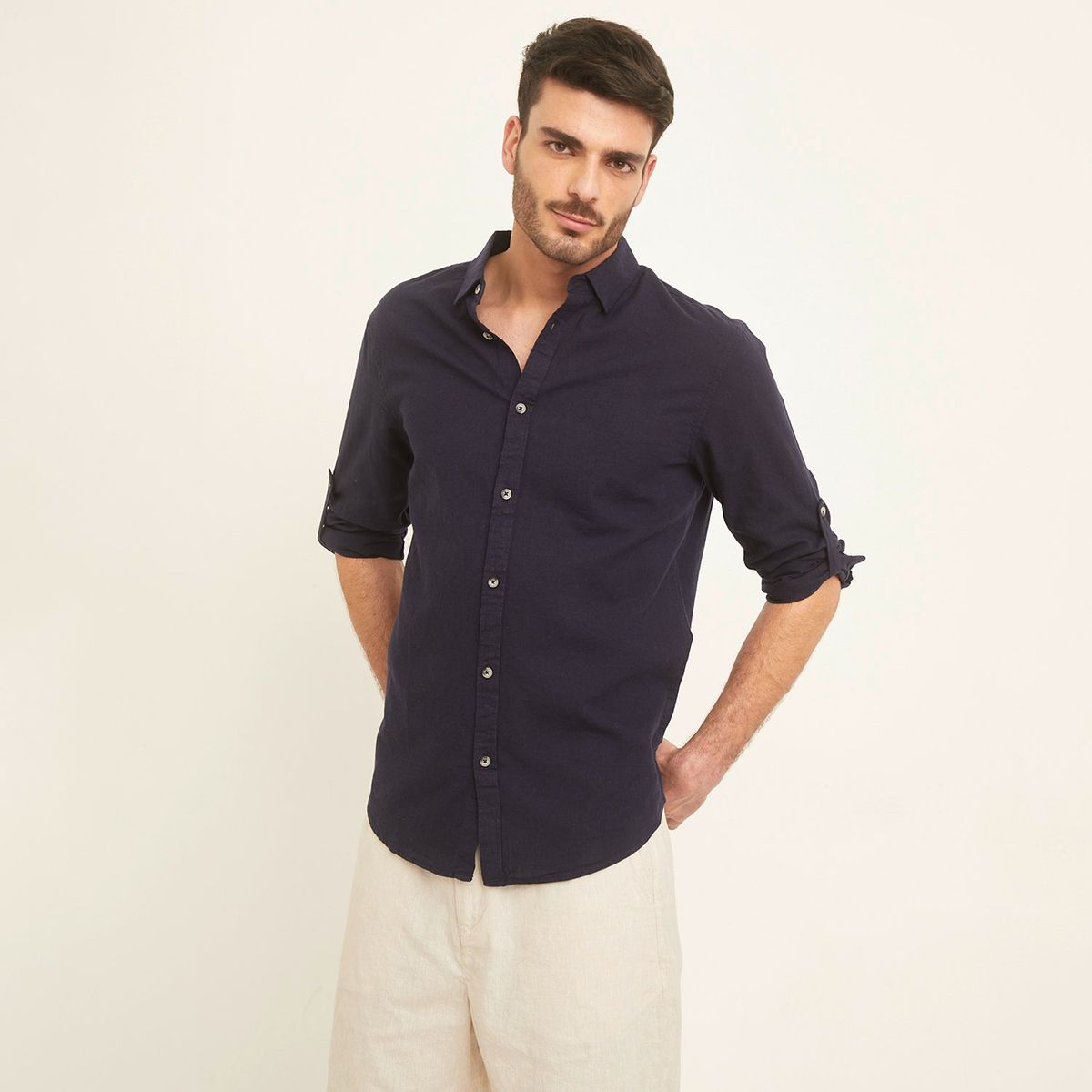 BASEMENT - Camisa Basement Manga Larga Lino Clásica