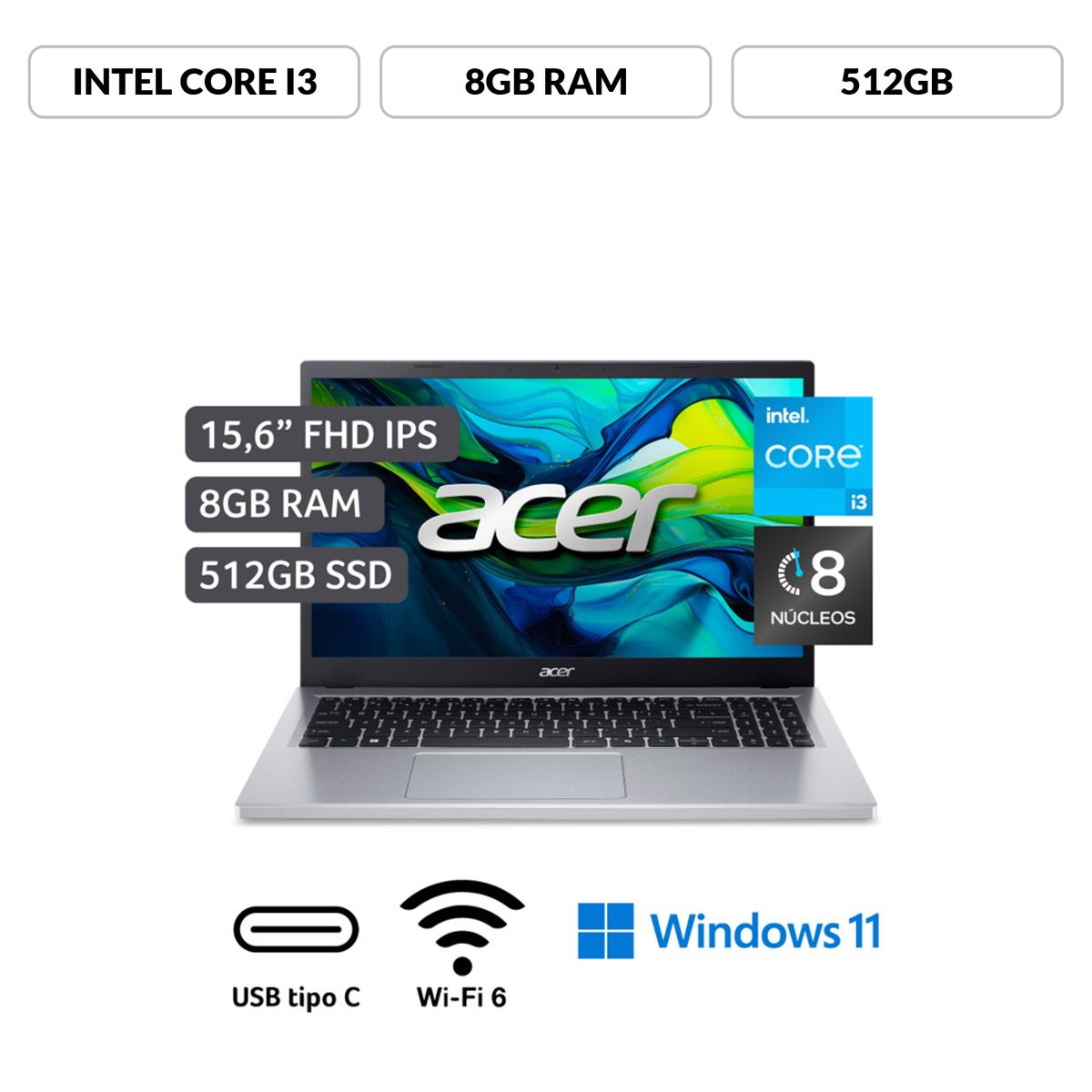 ACER - Laptop Acer Intel Core I3 8gb 512gb Ssd Aspire Go 15 12° Gen 15.6"