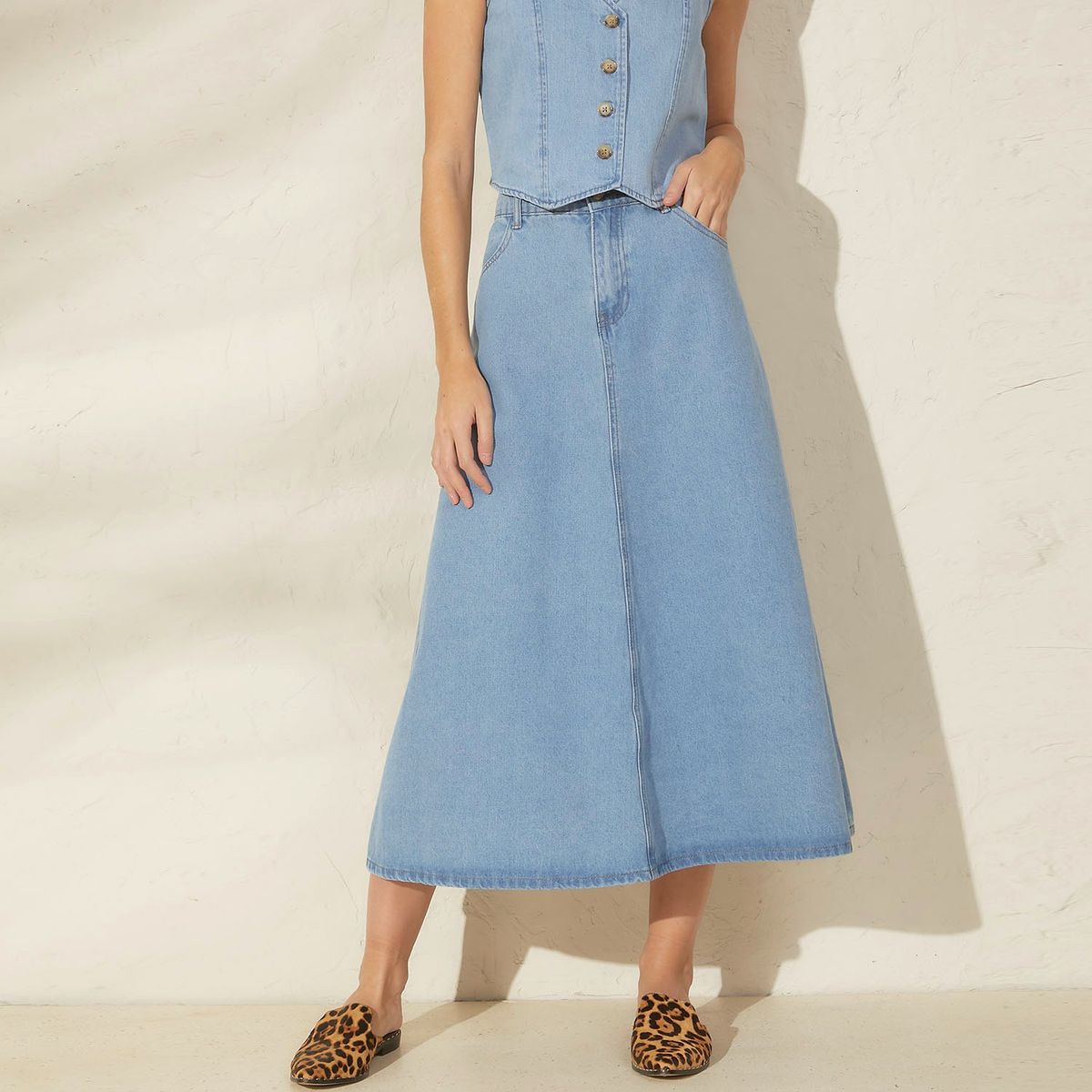 BASEMENT - Falda Midi Basement Algodón Mujer Tiro Alto Diseño Liso