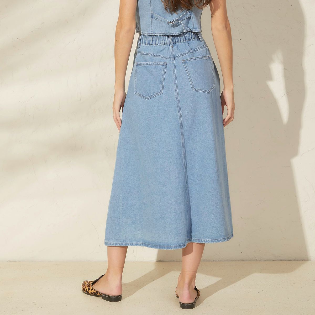 BASEMENT - Falda Midi Basement Algodón Mujer Tiro Alto Diseño Liso