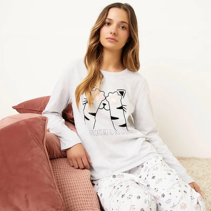 SYBILLA - Polera Pijama Sybilla Manga Larga Algodón Mujer