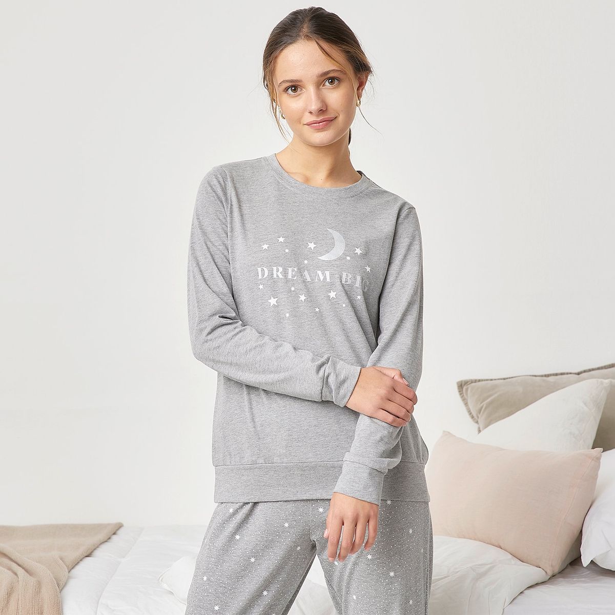 SYBILLA - Pijama Mujer Sybilla Maxi Algodón Manga Larga Estampado Gris