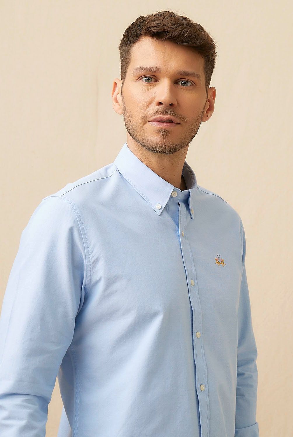 Camisa La Martina De Algodón Piqué - Manga Larga - Hombre - Azul Marino - Corte Ajustado