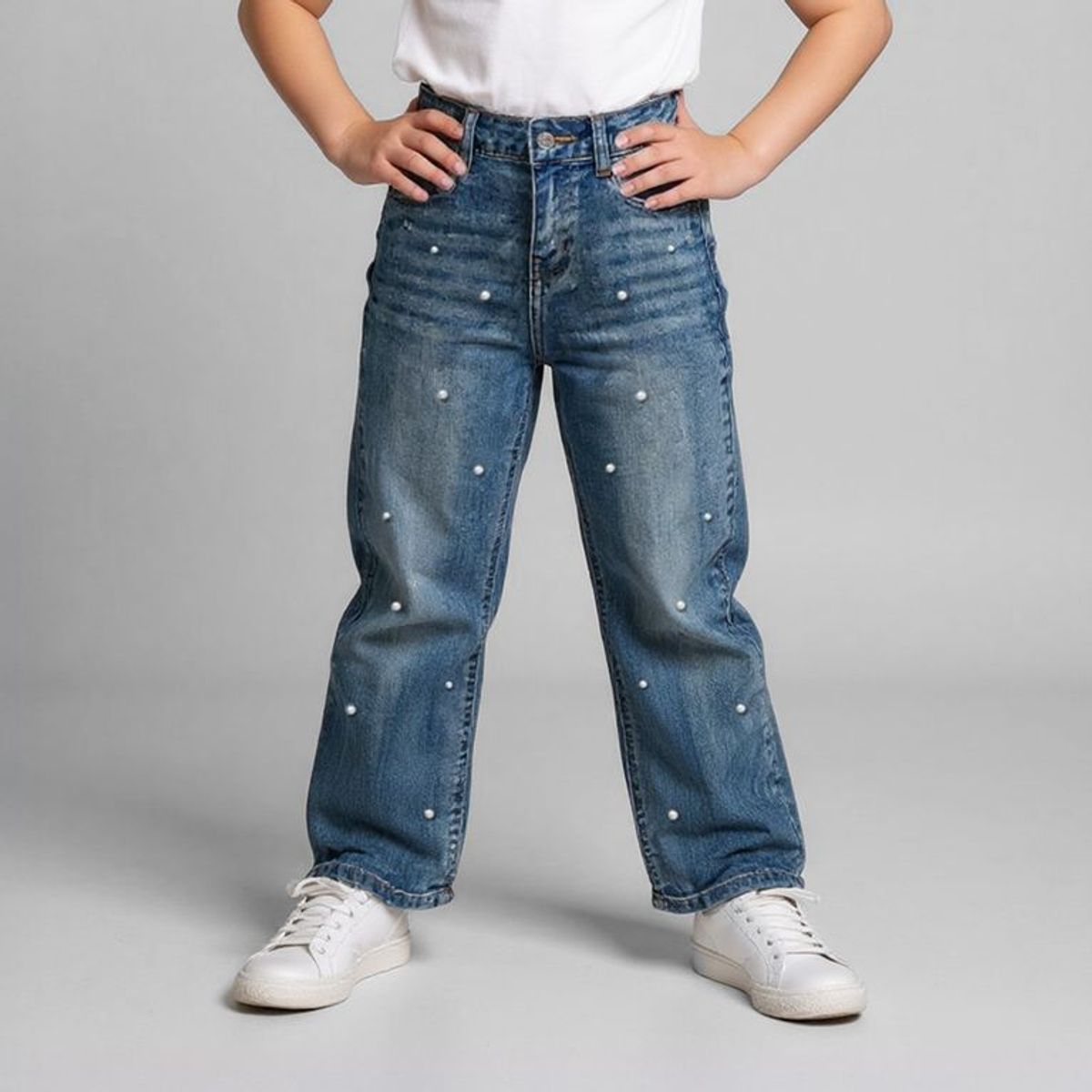 YAMP - Jeans Wide Leg Yamp Denim con Perlas Niña