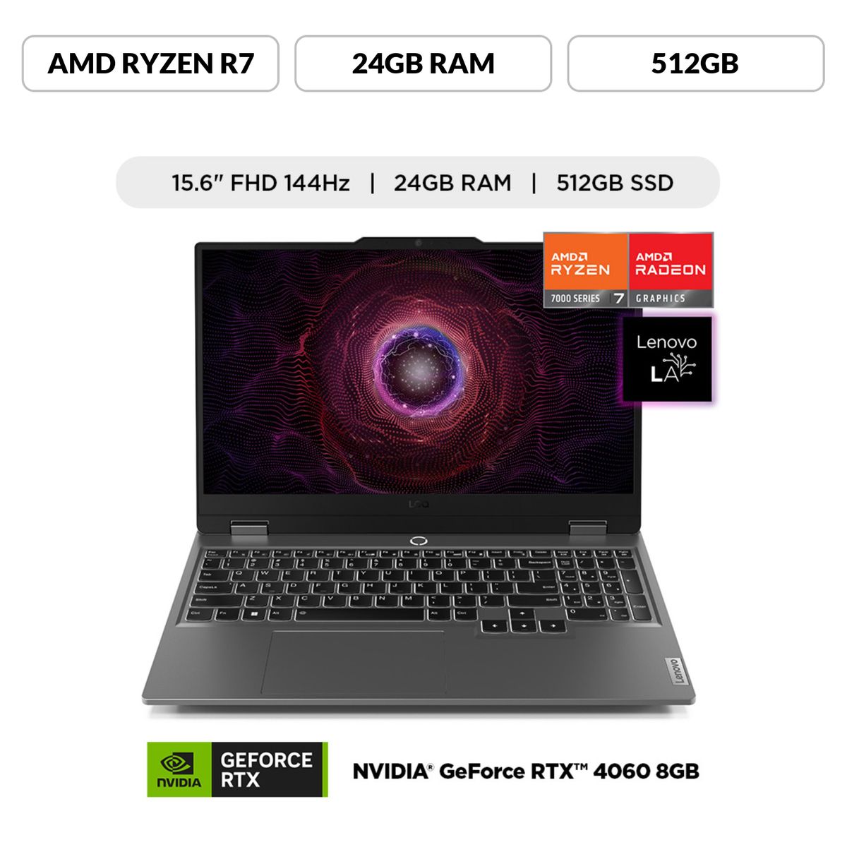 LENOVO - Laptop Lenovo Loq, AMD Ryzen 7 7435HS, 24GB ram, 512GB ssd, Nvidia rtx 4060 8GB, 15.6" Fhd 