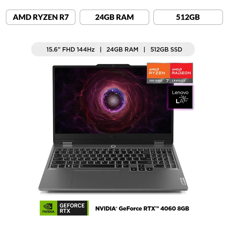 LENOVO - Laptop Lenovo Loq, AMD Ryzen 7 7435HS, 24GB ram, 512GB ssd, Nvidia rtx 4060 8GB, 15.6" Fhd 