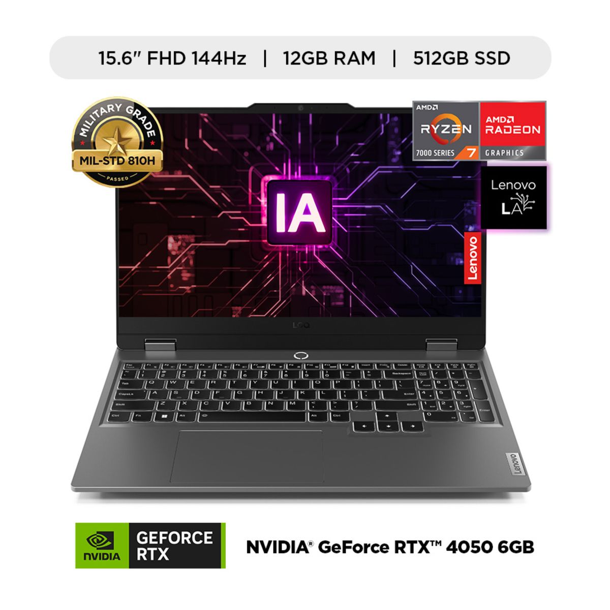 LENOVO - Laptop Lenovo Loq, AMD Ryzen 7 7435HS , 12GB ram,  512GB ssd, Nvidia rtx 4050 6GB, 15.6" Fhd