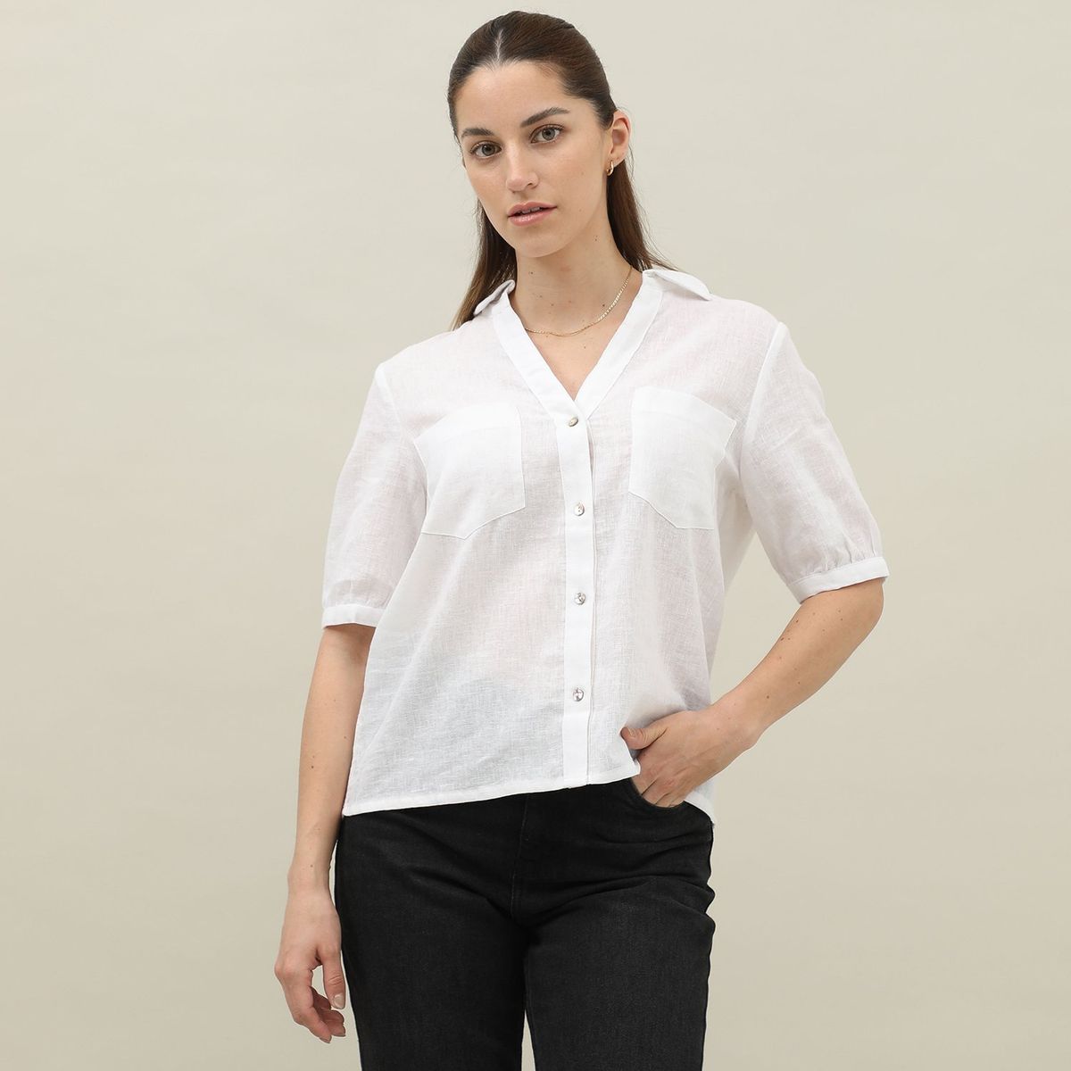 ELLE - Blusa Manga Corta Lino Mujer Elle