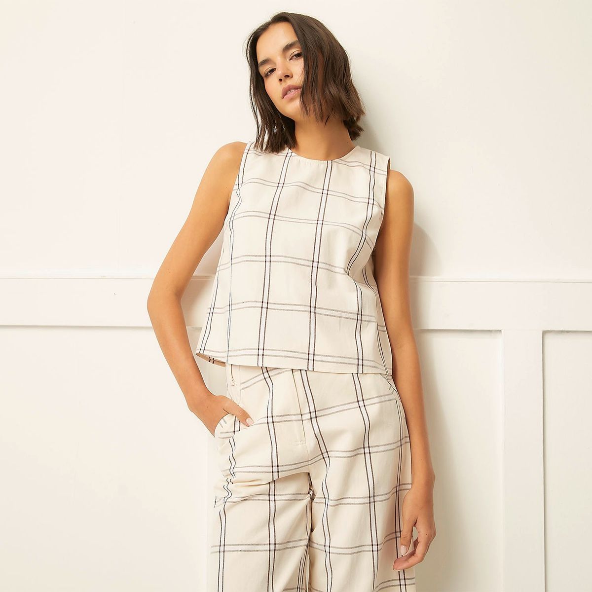BASEMENT - Blusa Basement Sin Mangas Algodón Lino Mujer Diseño Cuadros