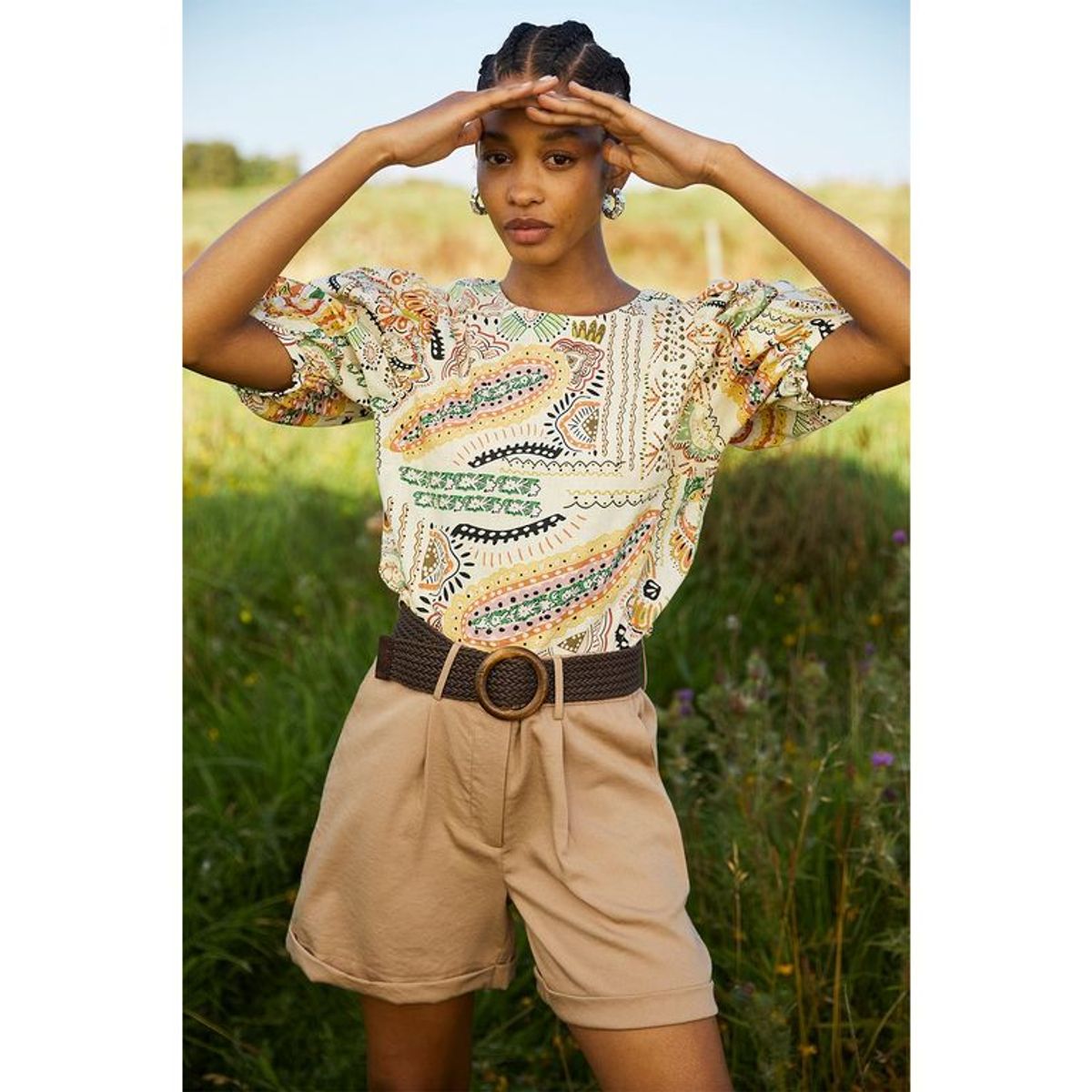 BASEMENT - Blusa Basement Manga Corta Lino Estampada Mujer