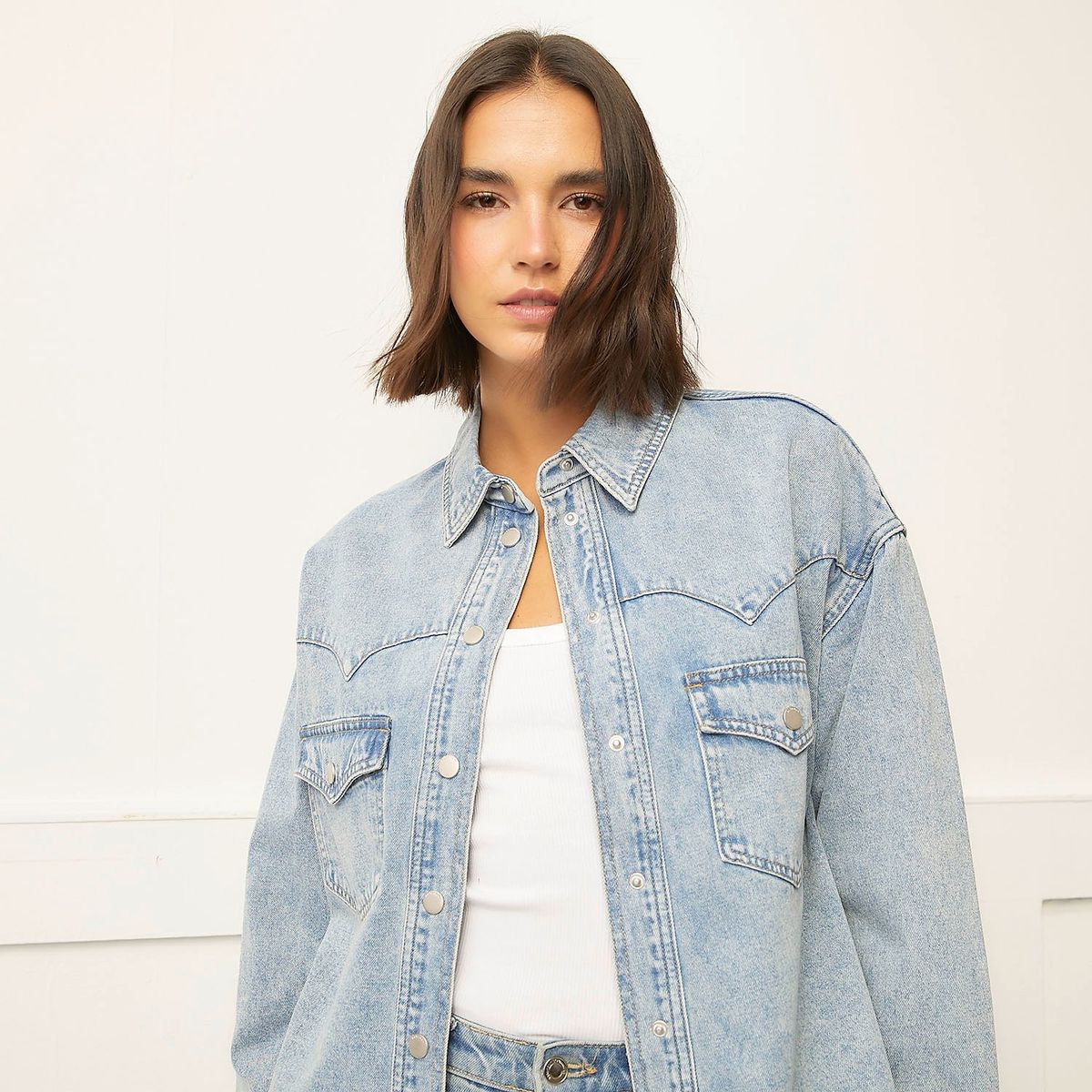 BASEMENT - Blusa Denim Basement Manga Larga Algodón Mujer