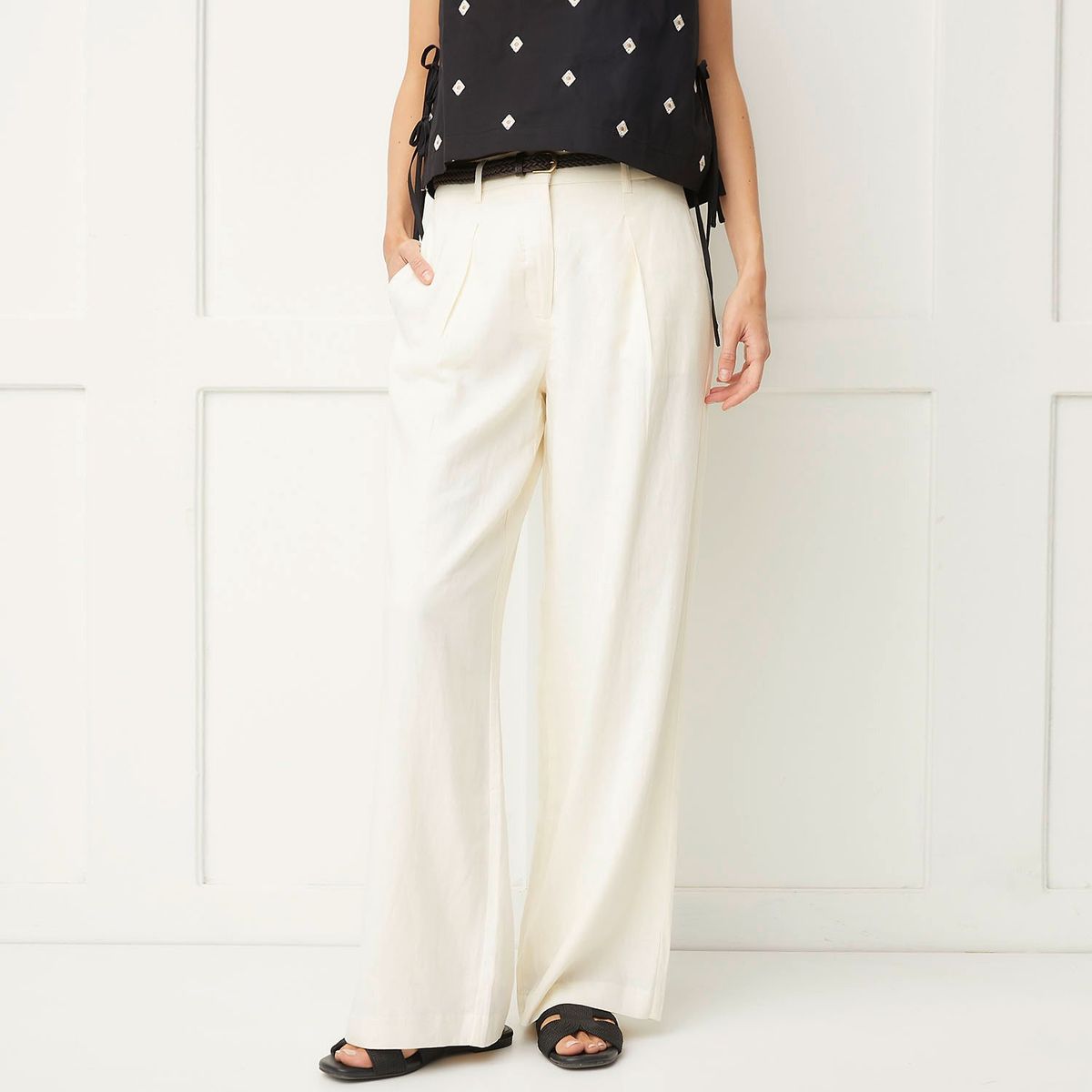 BASEMENT - Pantalón Recto Basement Lino Viscosa Mujer Crudo