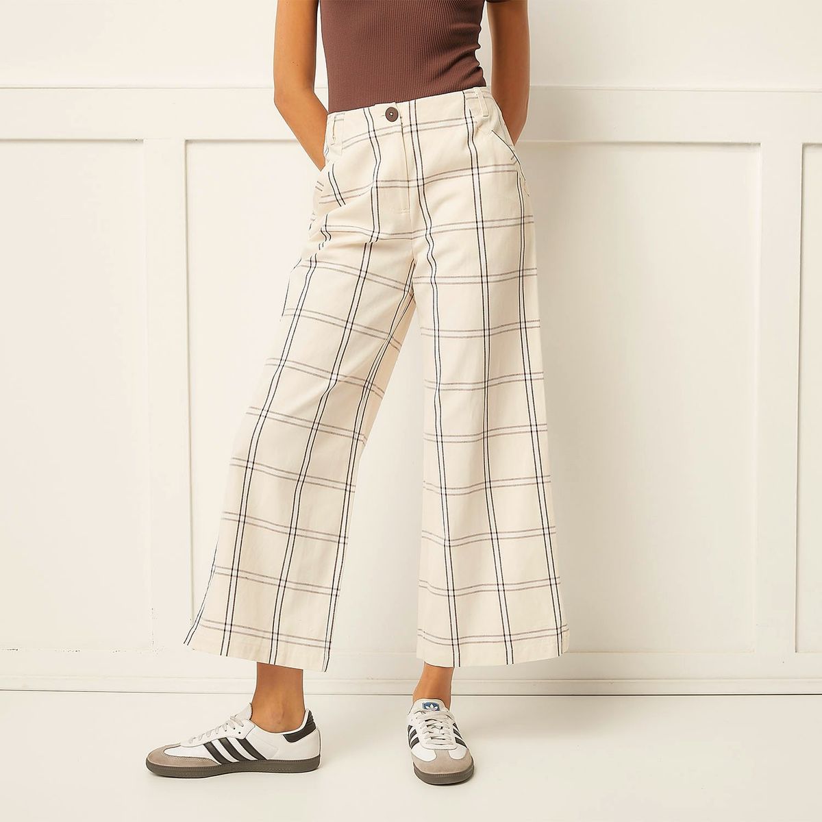 BASEMENT - Pantalón Recto Basement Mujer Algodón y Lino a Cuadros