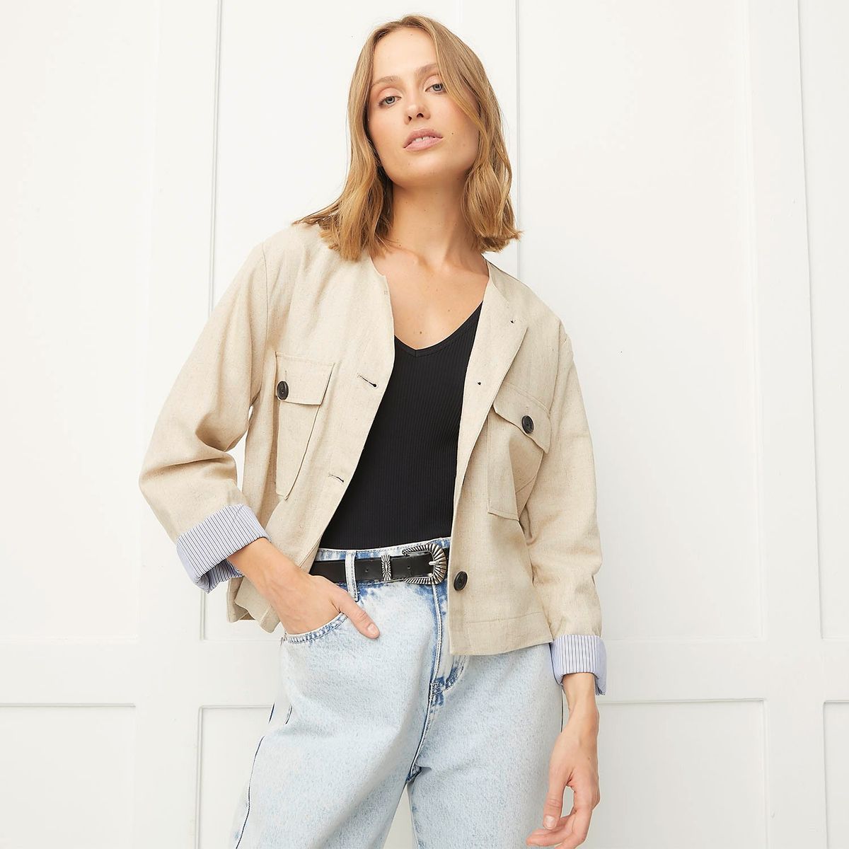 BASEMENT - Casaca Basement Mujer Regular Fit Lino Manga Larga