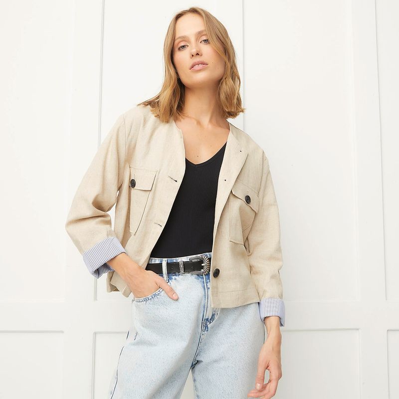 BASEMENT - Casaca Basement Mujer Regular Fit Lino Manga Larga