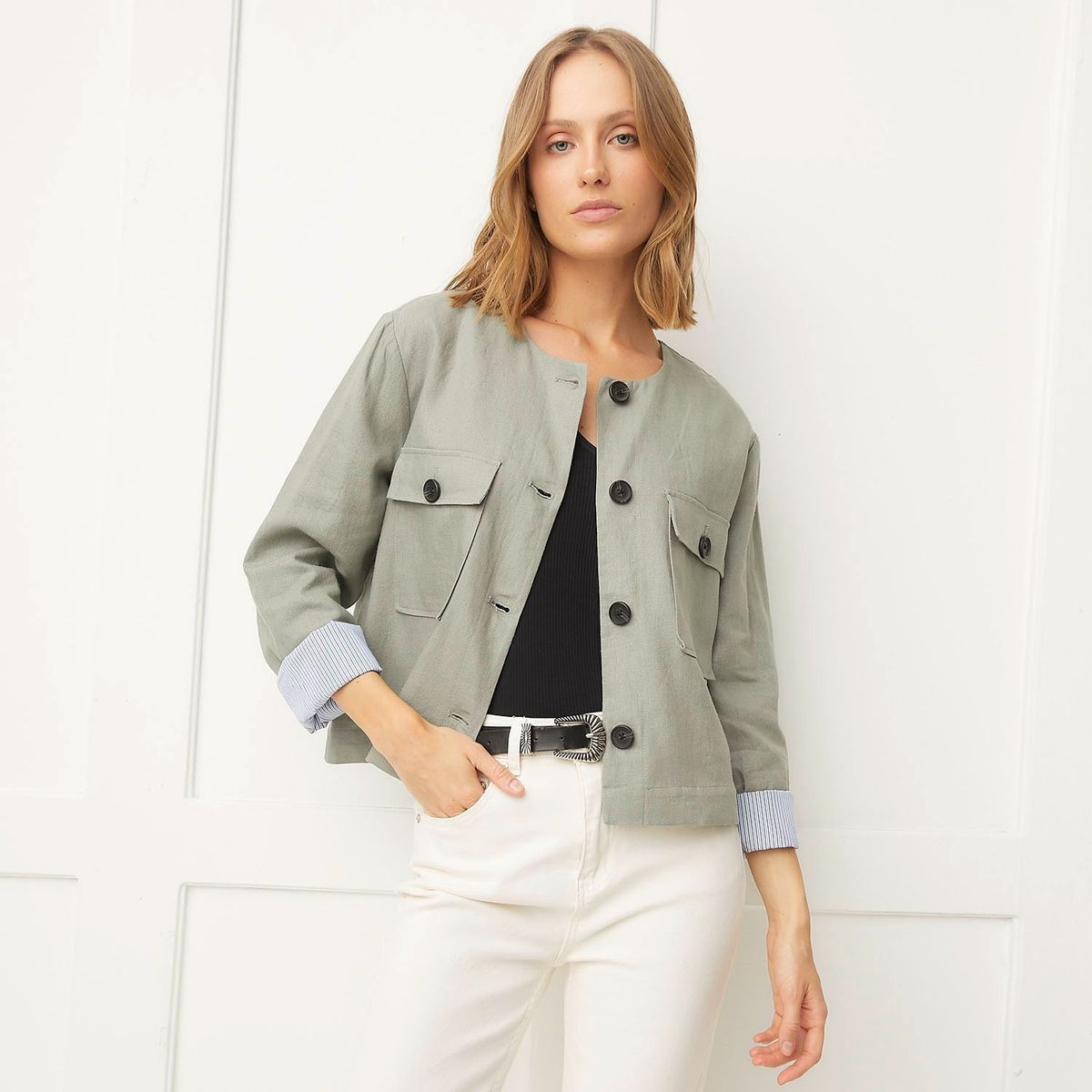 BASEMENT - Casaca Basement Mujer Regular Fit Lino Manga Larga