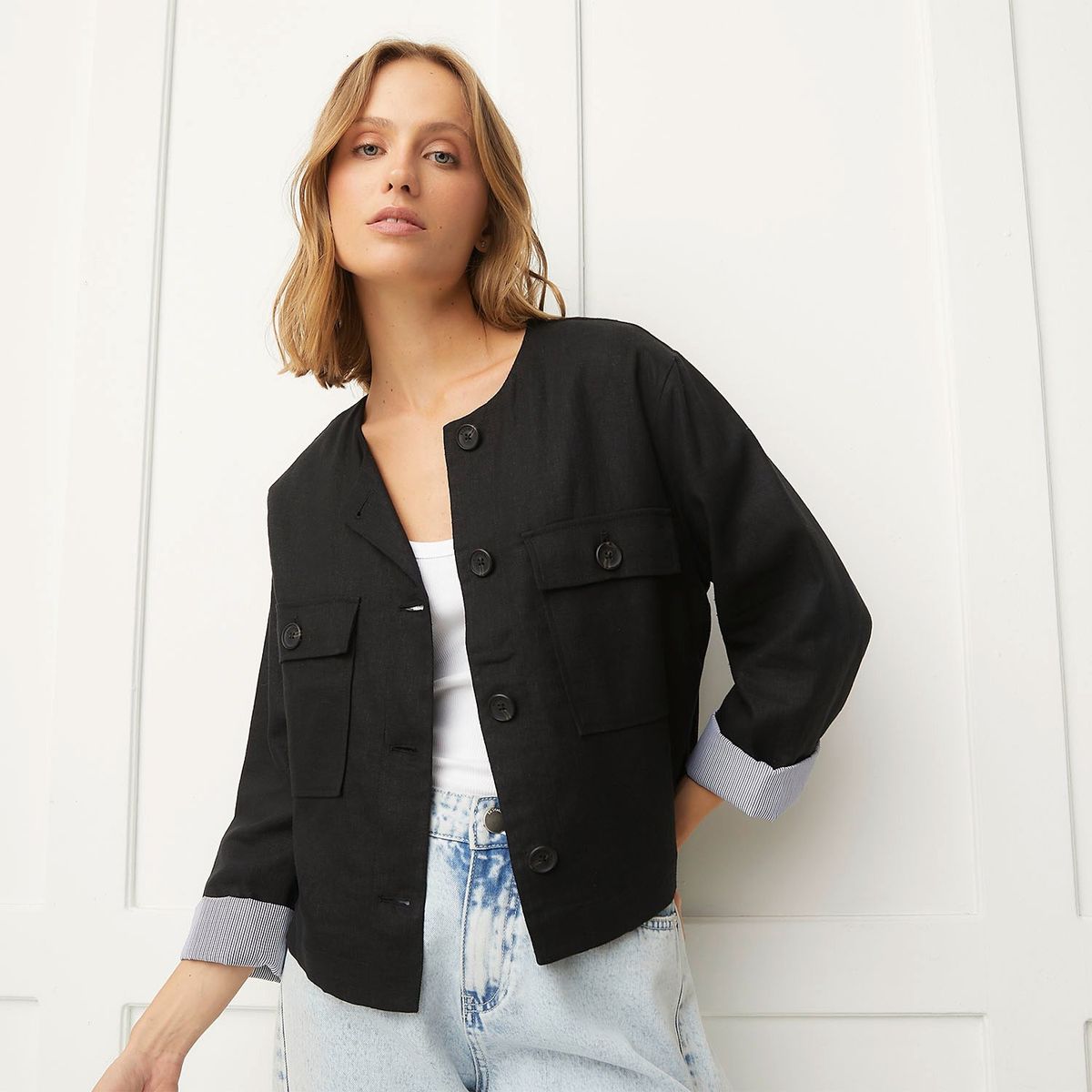 BASEMENT - Casaca Basement Mujer Regular Fit Lino Manga Larga