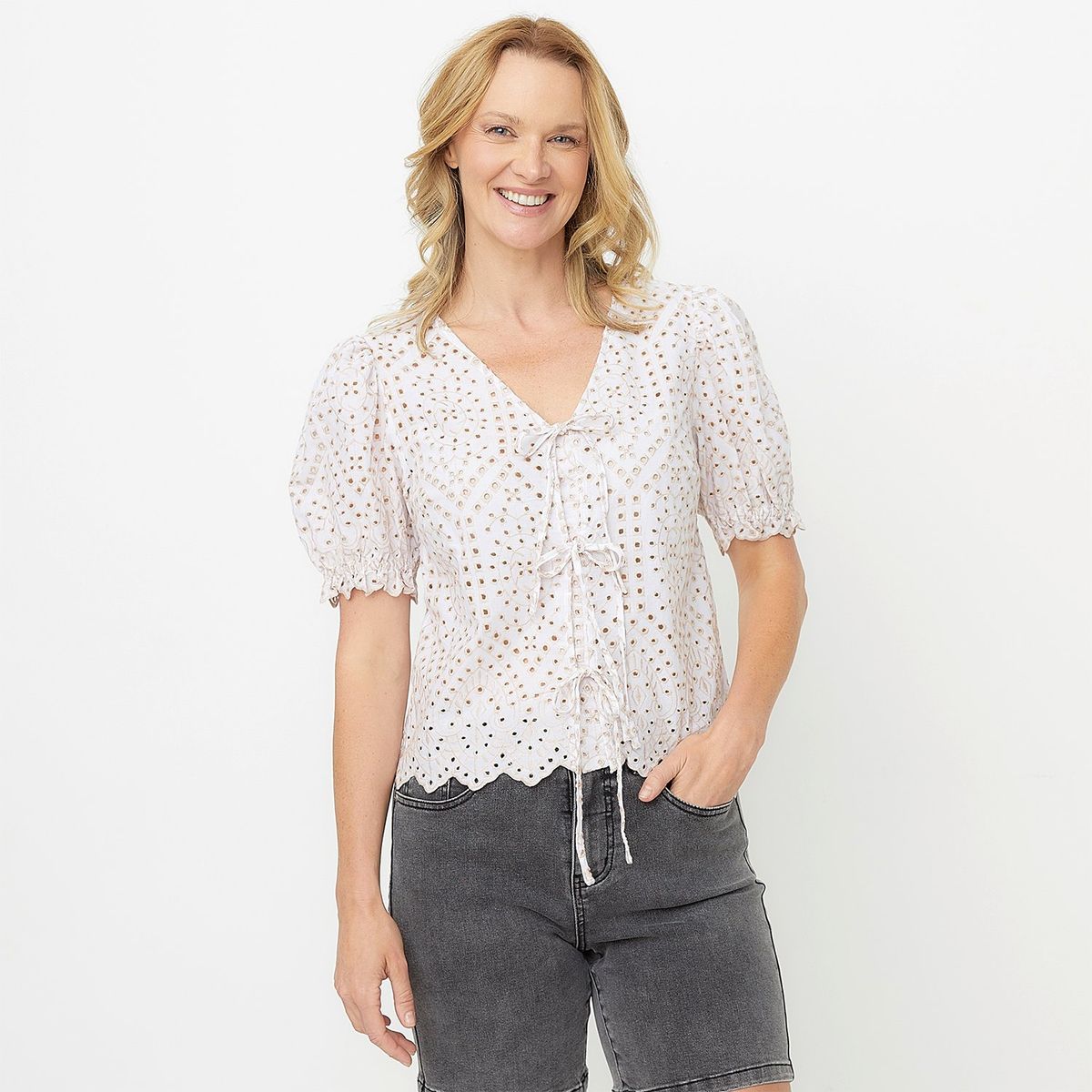 NEWPORT - Blusa Newport Manga Corta Algodón Diseño Bordado Mujer