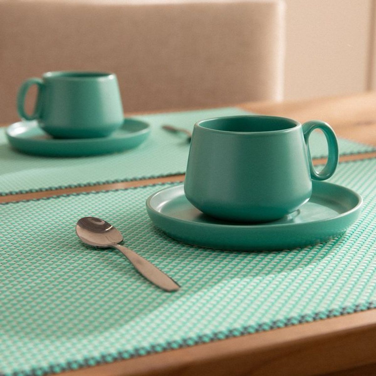 MICA - Set X2 Tazas Con Plato Turquesa 238 Ml