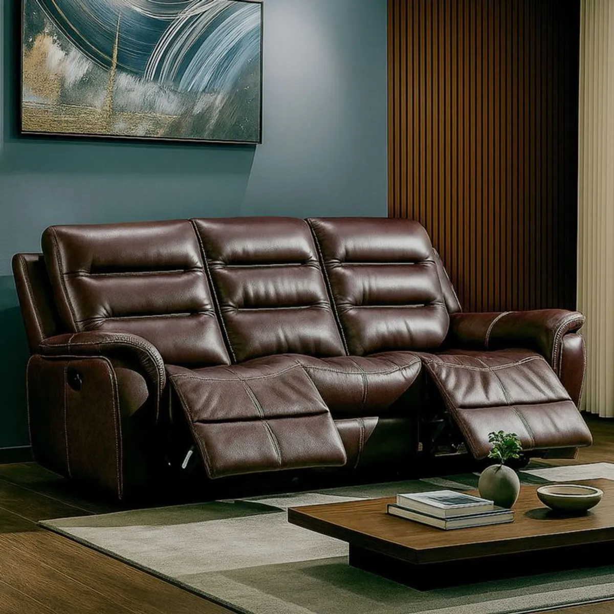 BASEMENT HOME -  Sofá Reclinable Eléctrico New Paul 3 Cuerpos Cuero Combinado