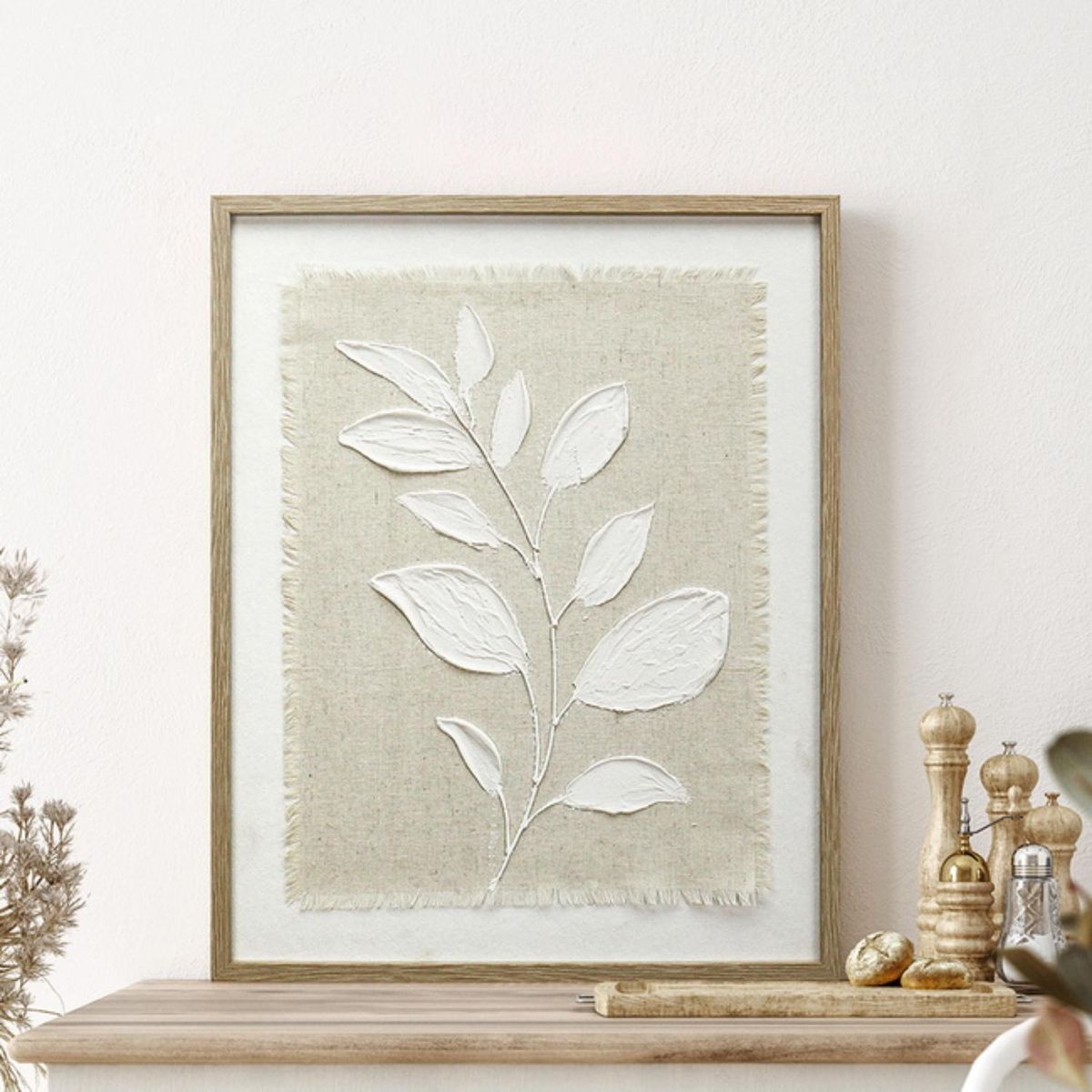 MICA - Cuadro Hoja Con Relieve En Lino 40x50cm