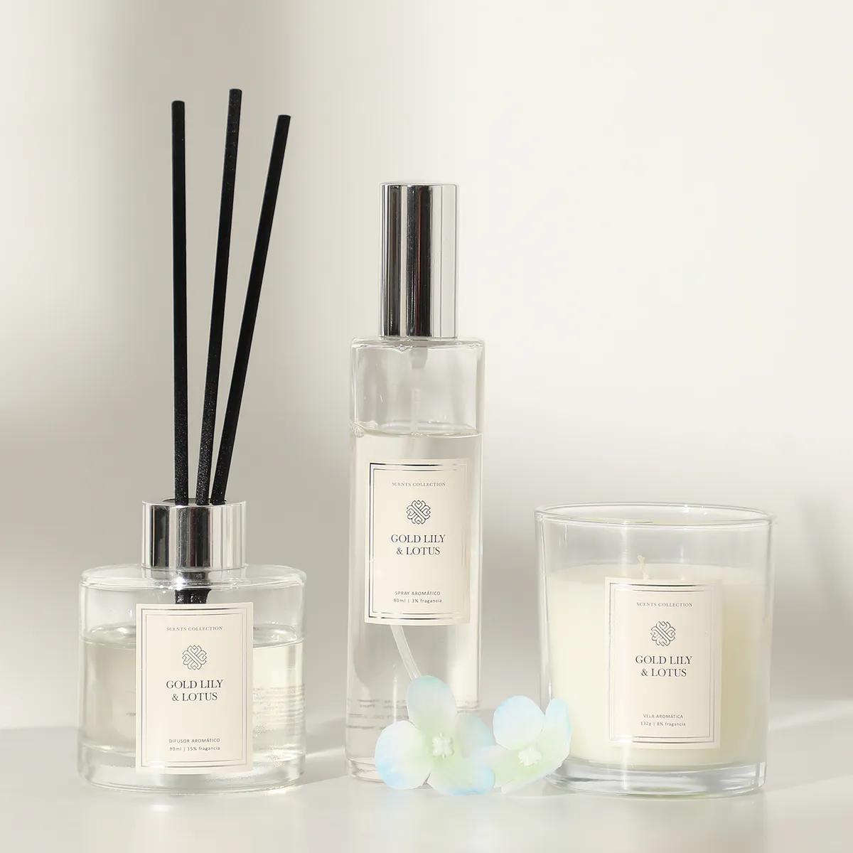 BASEMENT HOME - Set Aromático Lirio y Flor de Loto: Vela Aromática132ml + Difusor 80ml + Ambientador Spray 80ml