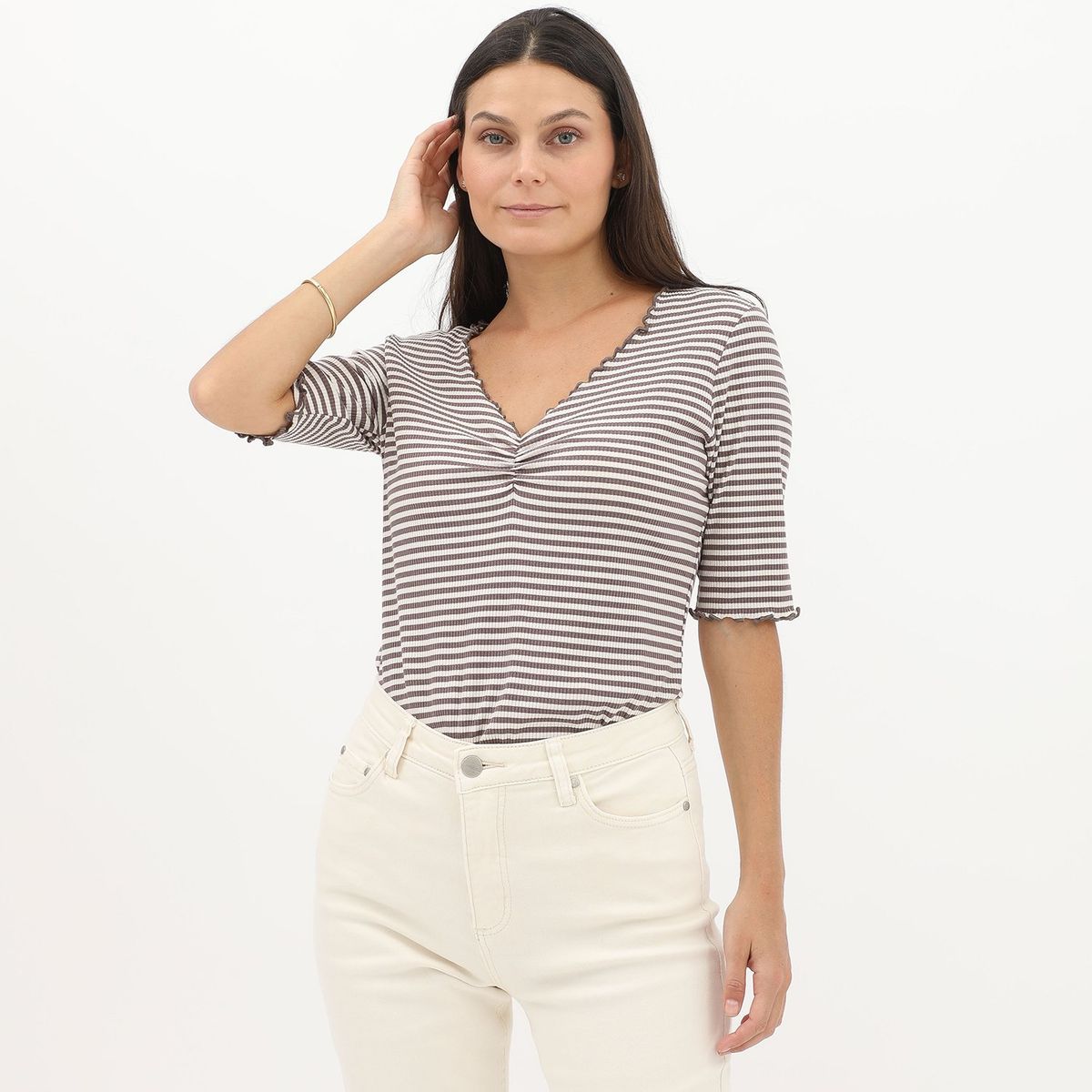 NEWPORT - Polo Manga Corta Rayas Cuello V Algodón Mujer Newport