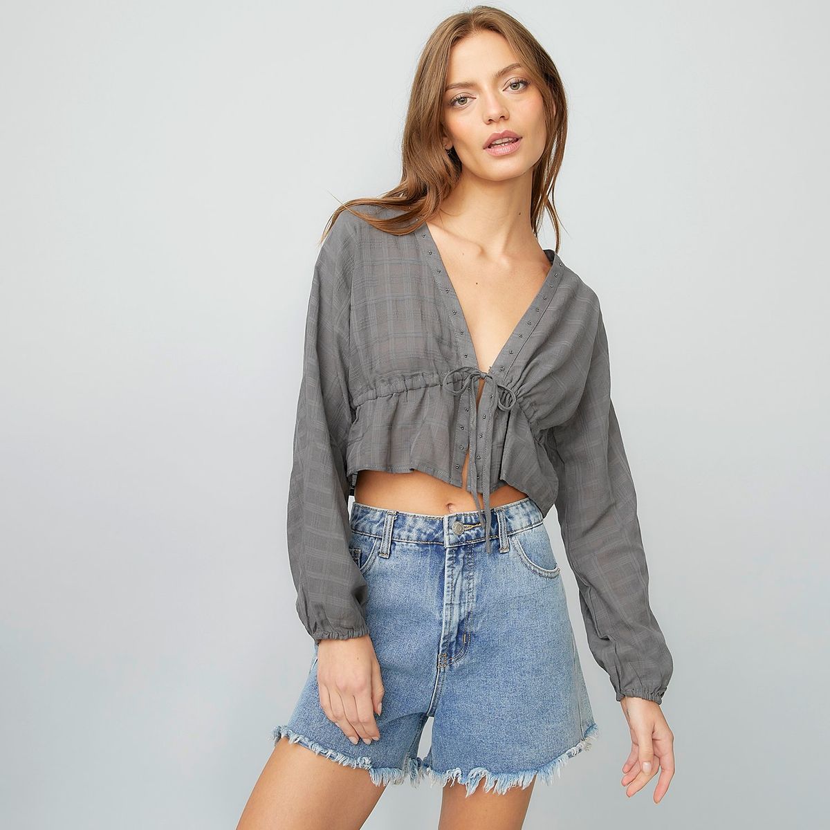 DENIMLAB - Blusa Cropped Denimlab Lazada Manga Larga Mujer Algodón