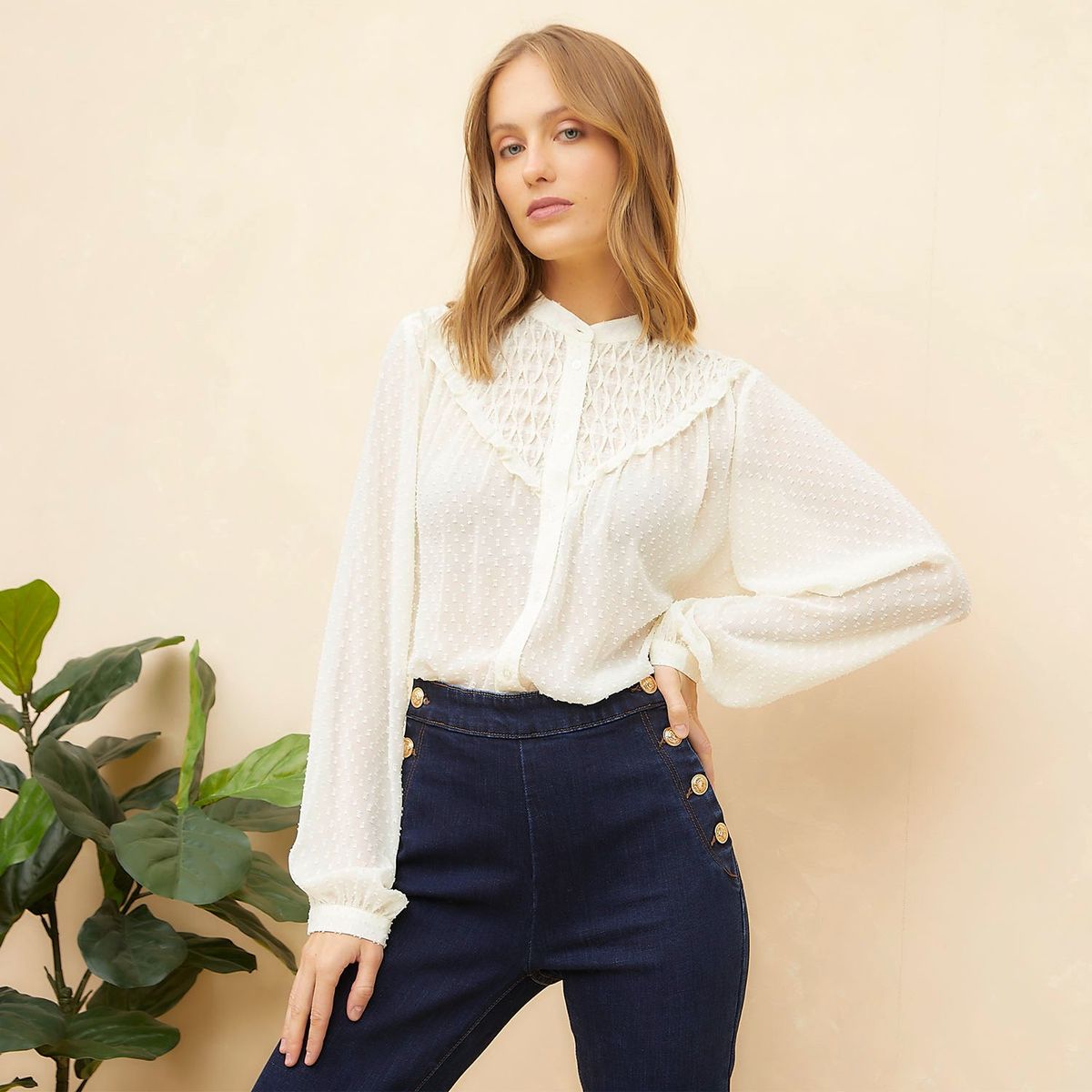 ELLE - Blusa Manga Larga Casual Mujer Elle