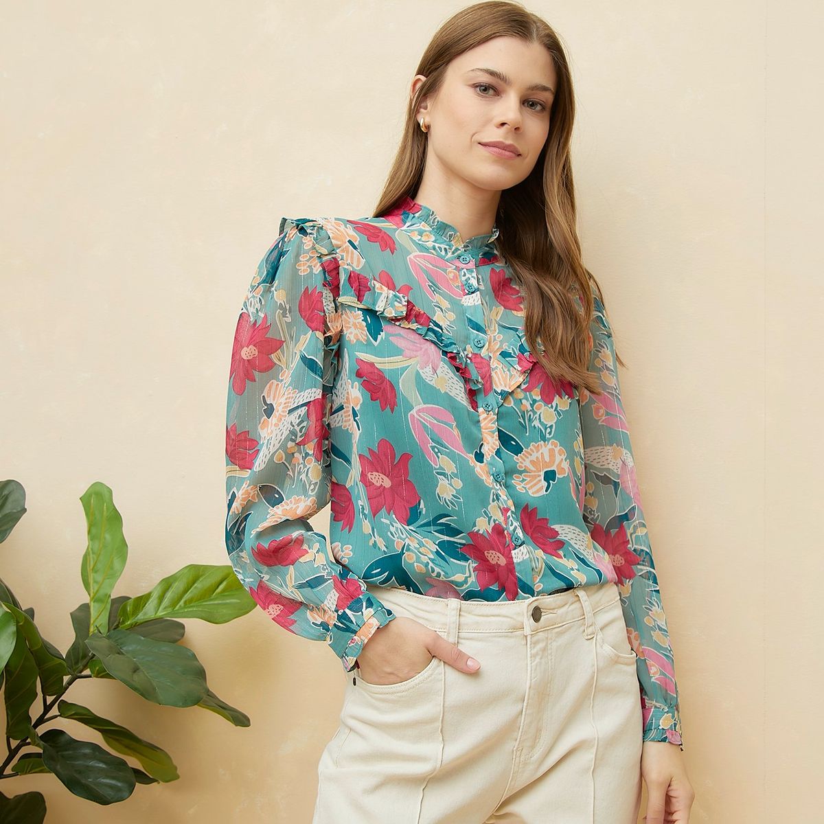 ELLE - Blusa Manga Larga Casual Mujer Elle