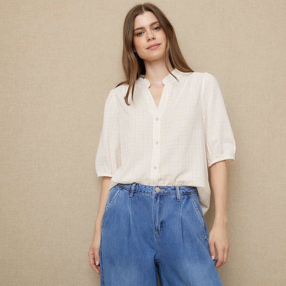 UNIVERSITY CLUB - Blusa University Club Manga Corta Algodón Mujer Diseño Cuadros