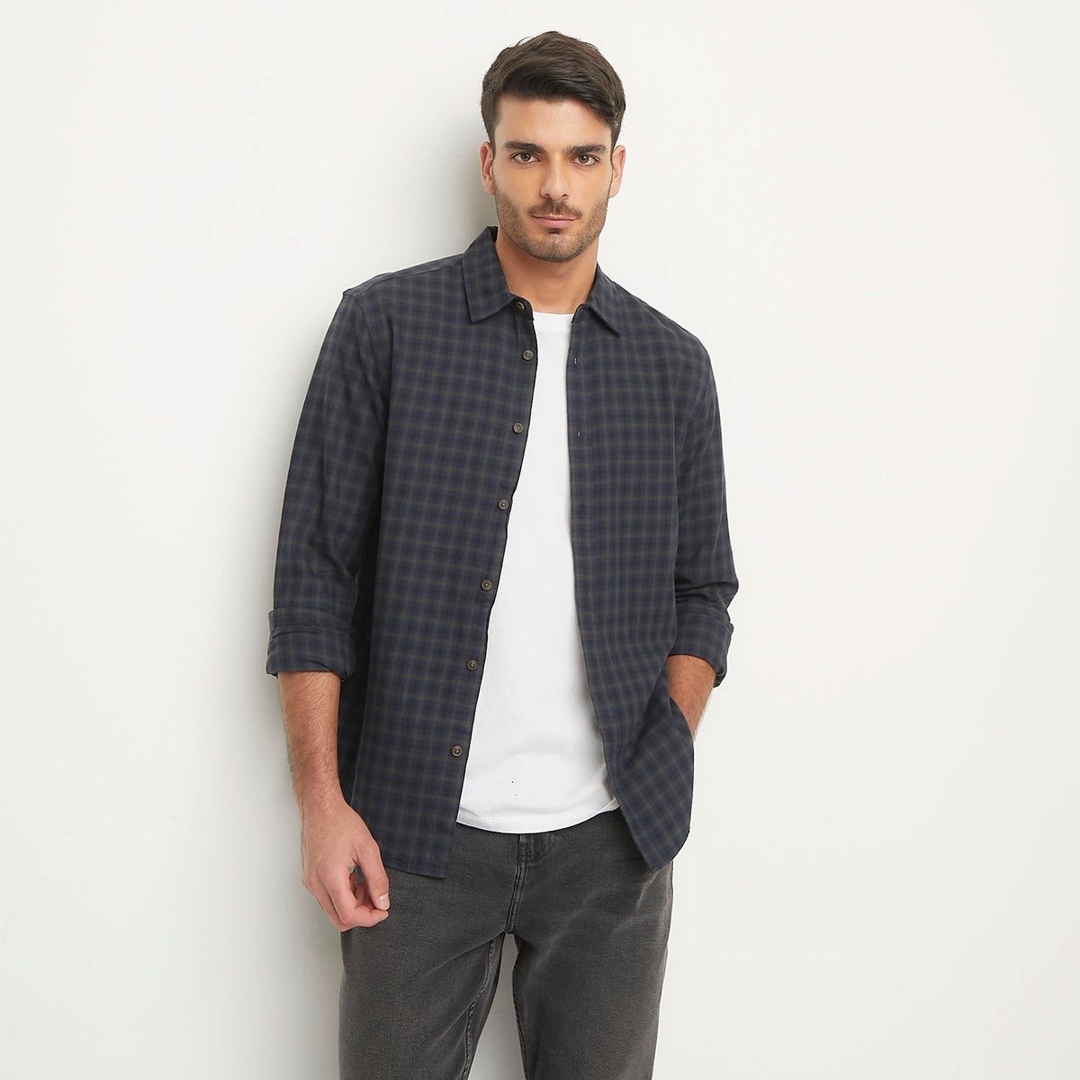 BASEMENT - Camisa Manga Larga Check Slim Fit Hombre Basement
