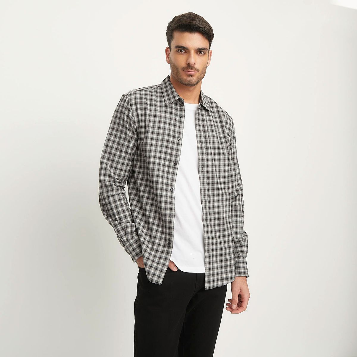 BASEMENT - Camisa Manga Larga Check Slim Fit Hombre Basement