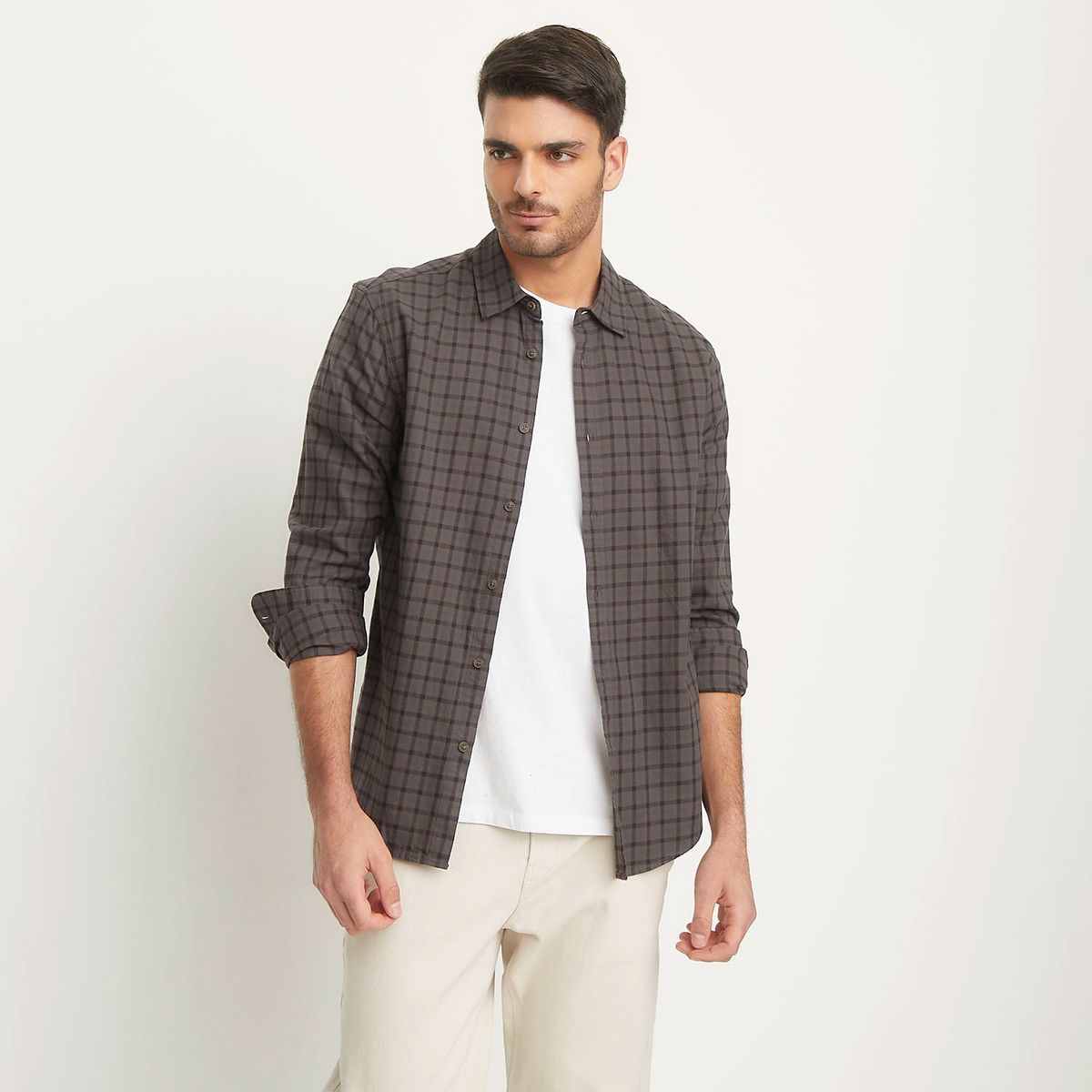 BASEMENT - Camisa Manga Larga Check Slim Fit Hombre Basement