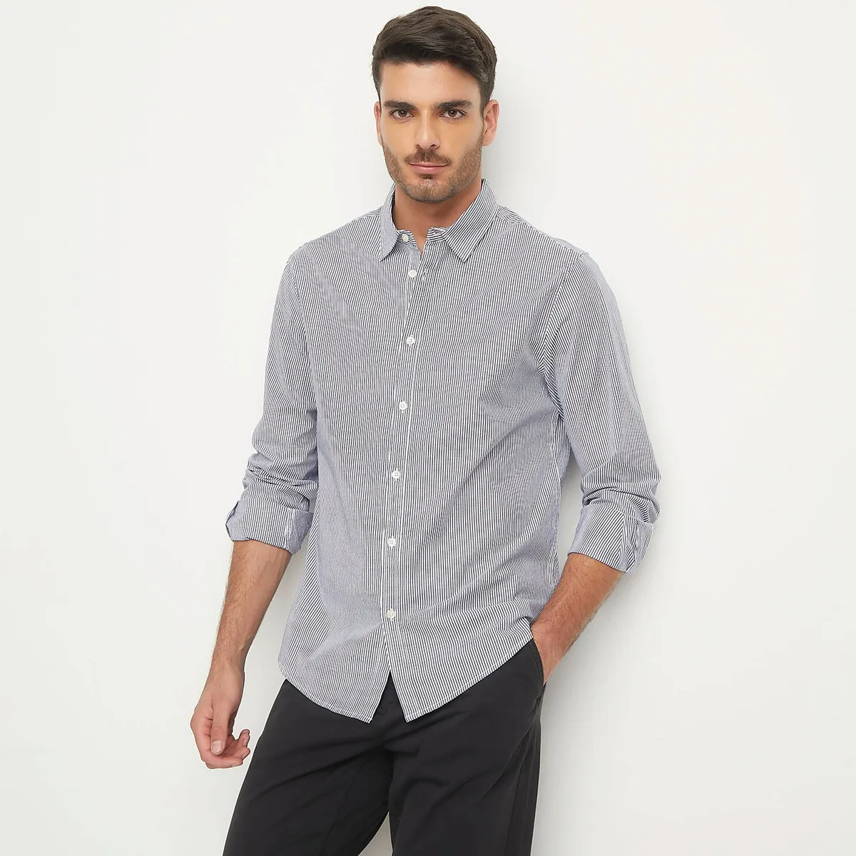 BASEMENT - Camisa Manga Larga Rayas Slim Fit Hombre Basement