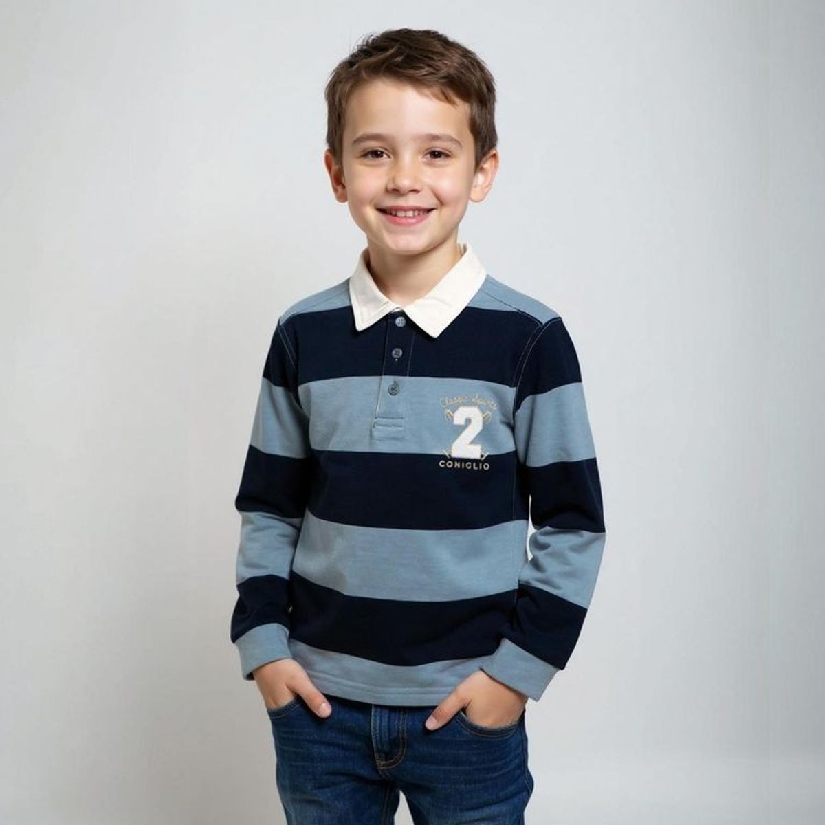 CONIGLIO - Polo Coniglio Niño Manga Larga Algodón Diseño Rayas Casual