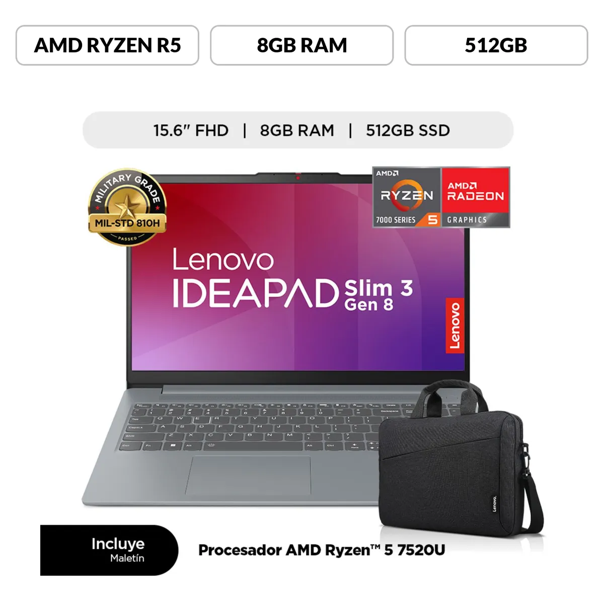 LENOVO - Laptop Lenovo AMD Ryzen 5 8gb 512gb Ssd Ideapad Slim 3 Serie 7000 15.6" Fhd + Maletín Lenovo