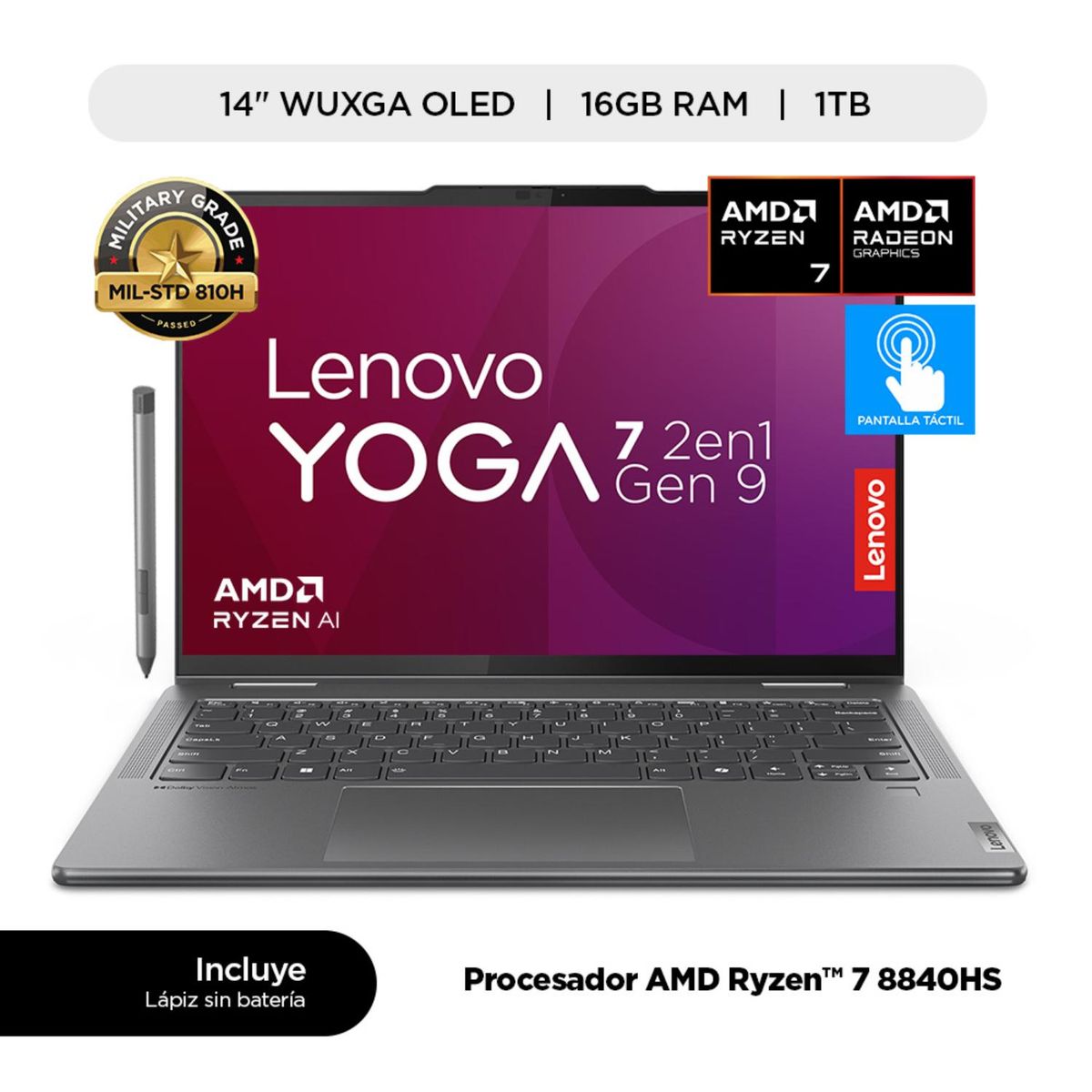 LENOVO - Laptop AMD Ryzen 7 16GB 1TB SSD Yoga 7 2 en 1  Serie 8000 14" WUXGA Touch